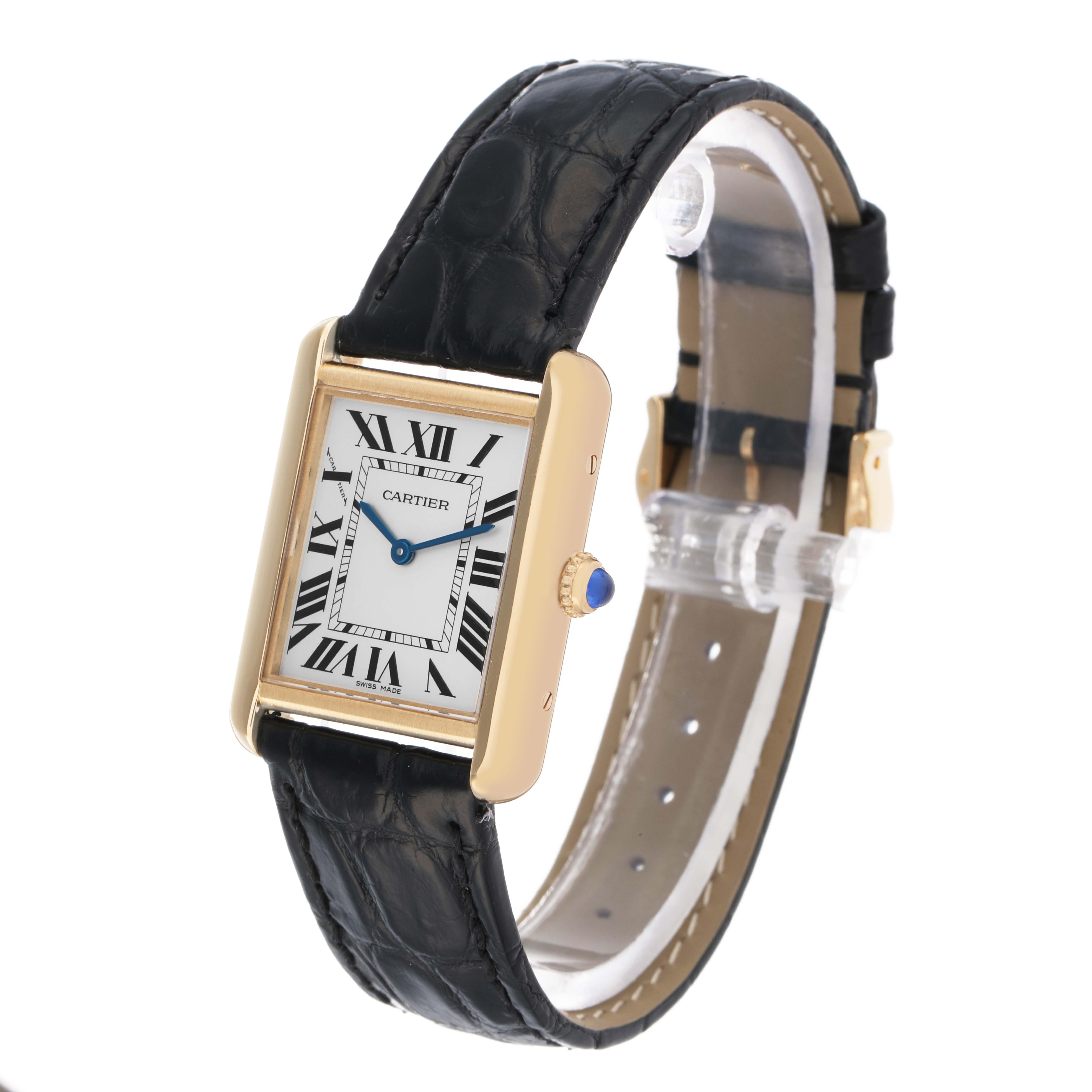 The Cartier Tank Solo W5200002 Women's Steel and Gold (two tone) Silver Dial watch is shown at a slight angle, highlighting its rectangular face, Roman numerals, blue hands, and black strap.