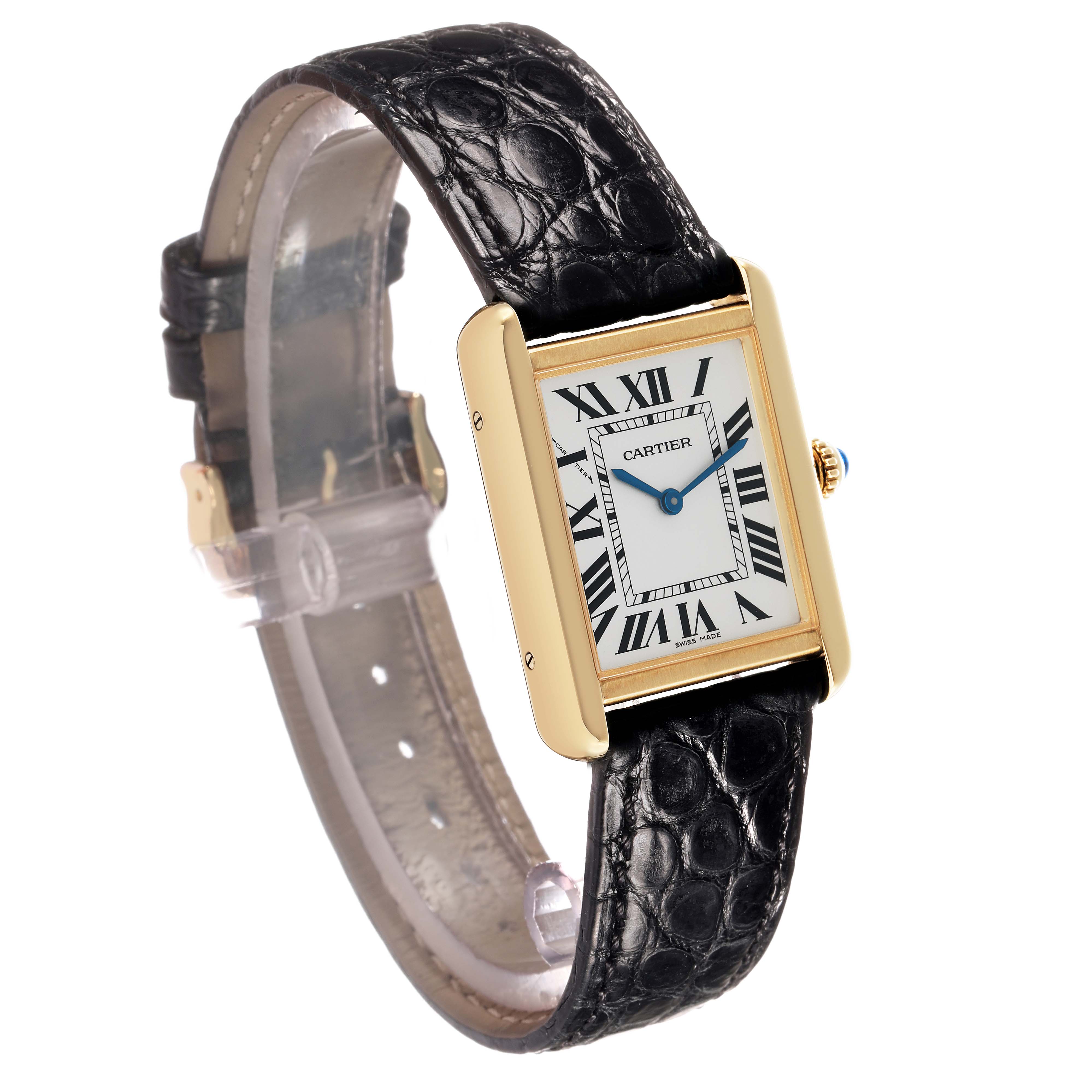 The Cartier Tank Solo W5200002 Women's Steel and Gold (two tone) Silver Dial watch is shown from a three-quarter angle, highlighting its rectangular case, Roman numeral dial, and black leather strap.
