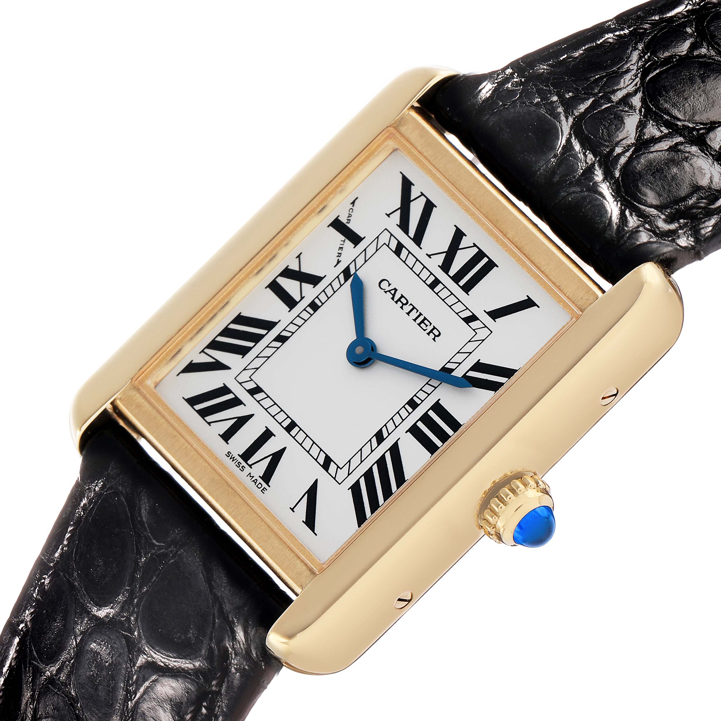 The Cartier Tank Solo W5200002 Women's Steel and Gold (two tone) Silver Dial watch is shown at an angled close-up, highlighting its face, Roman numerals, blue hands, and crown with a blue gemstone.