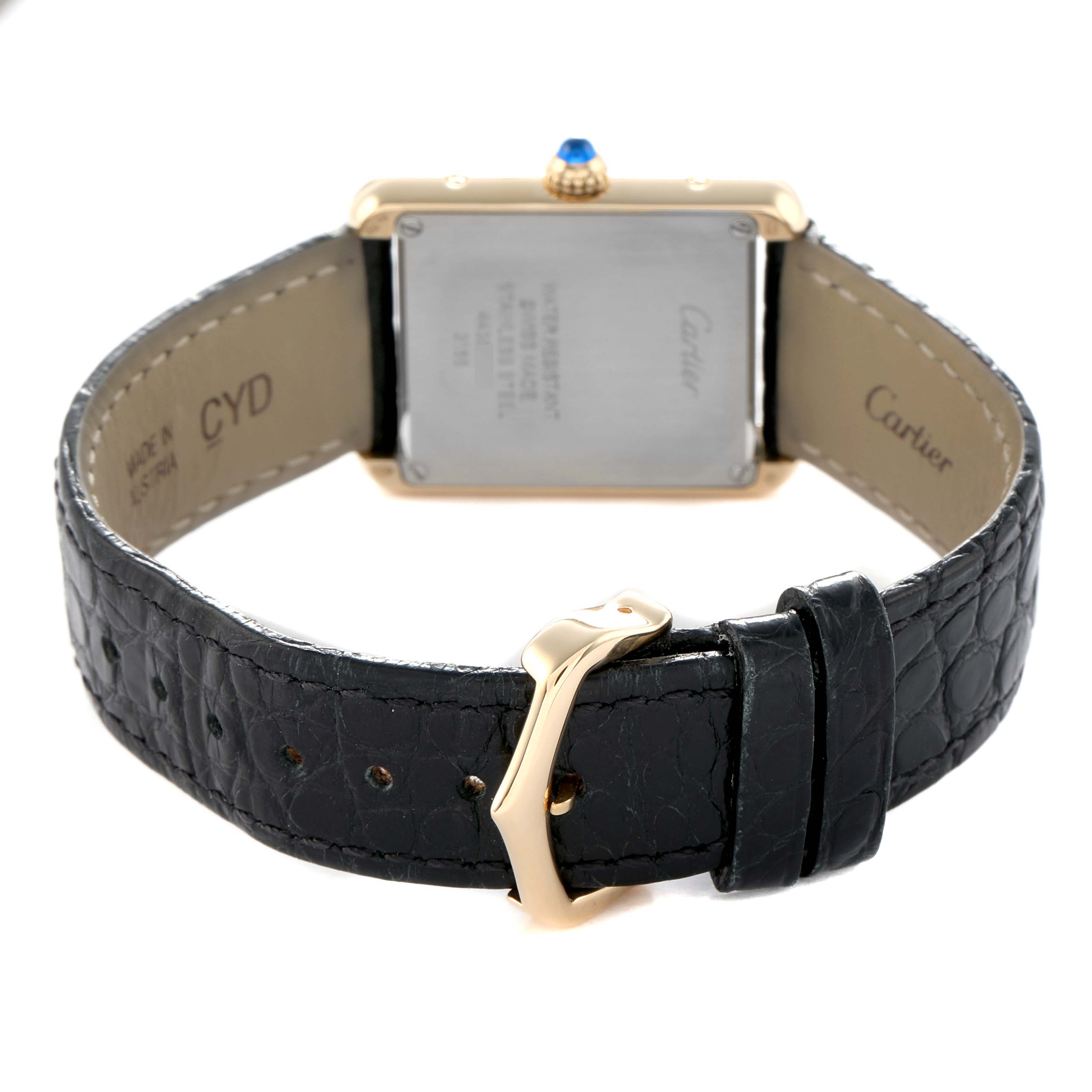 The image shows the back of a Cartier Tank Solo W5200002 Women's Steel and Gold (two tone) Silver Dial watch, highlighting the case, leather strap, and buckle.