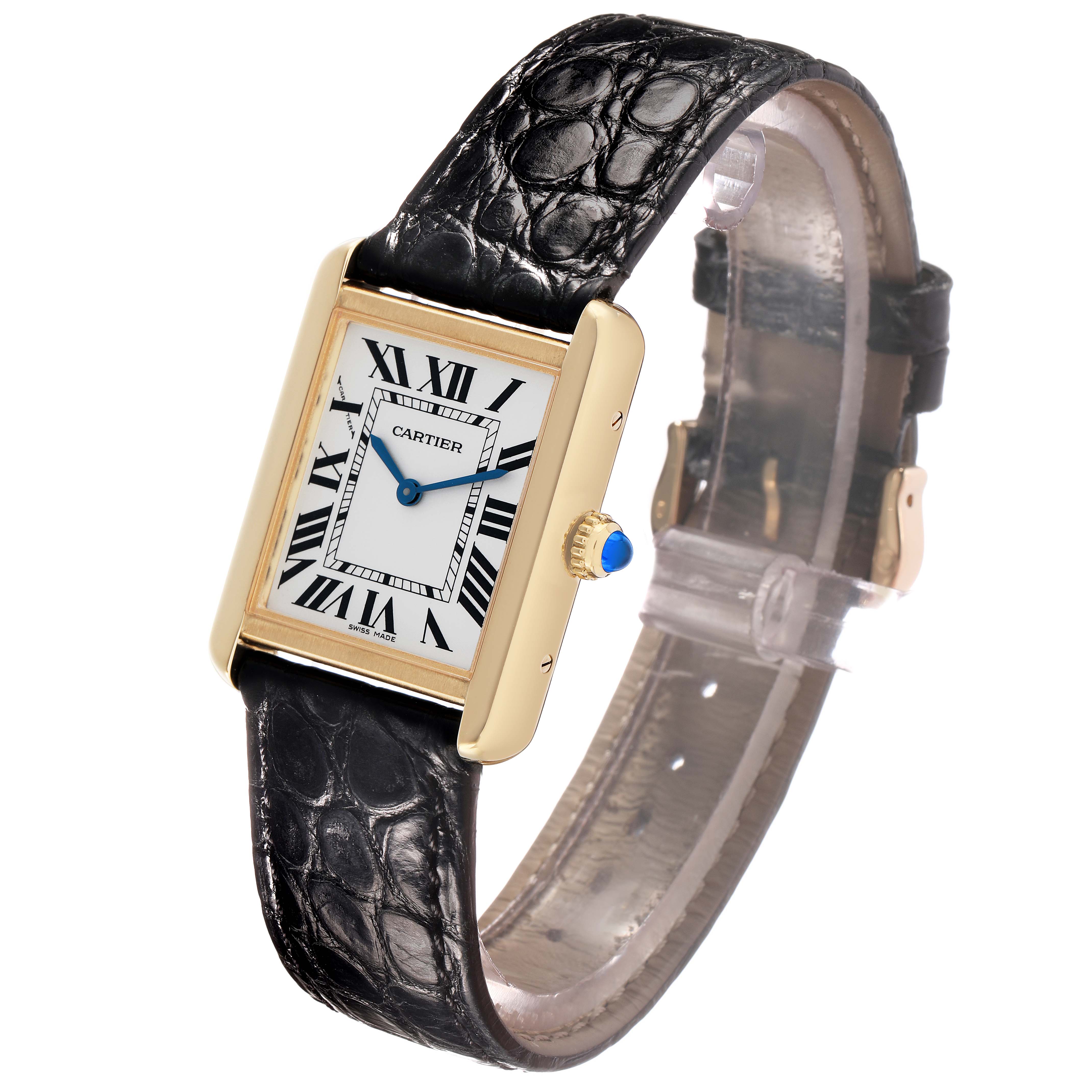 The Cartier Tank Solo W5200002 Women's Steel and Gold (two tone) Silver Dial watch is shown at a slight angle, highlighting its rectangular case, Roman numeral dial, and leather strap.