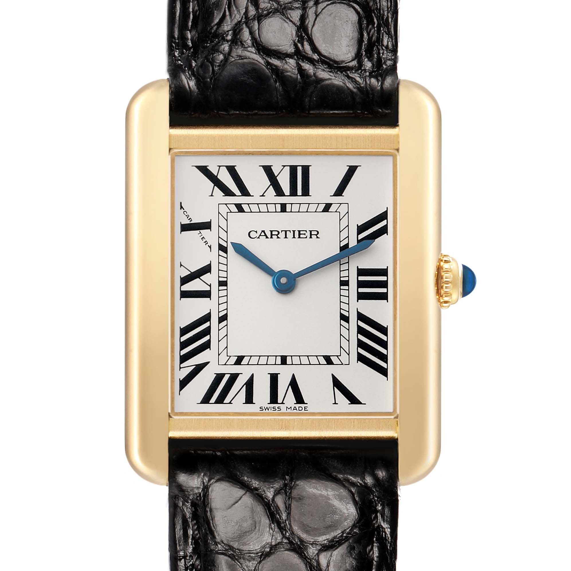 The Cartier Tank Solo W5200002 Women's Steel and Gold (two tone) Silver Dial watch is shown from a front angle, highlighting the rectangular face, Roman numerals, and leather strap.