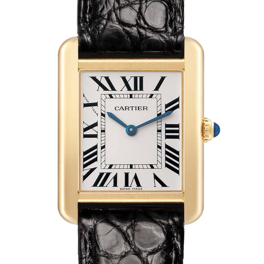 The Cartier Tank Solo W5200002 Women's Steel and Gold (two tone) Silver Dial watch is shown from a front angle, highlighting the rectangular face, Roman numerals, and leather strap.