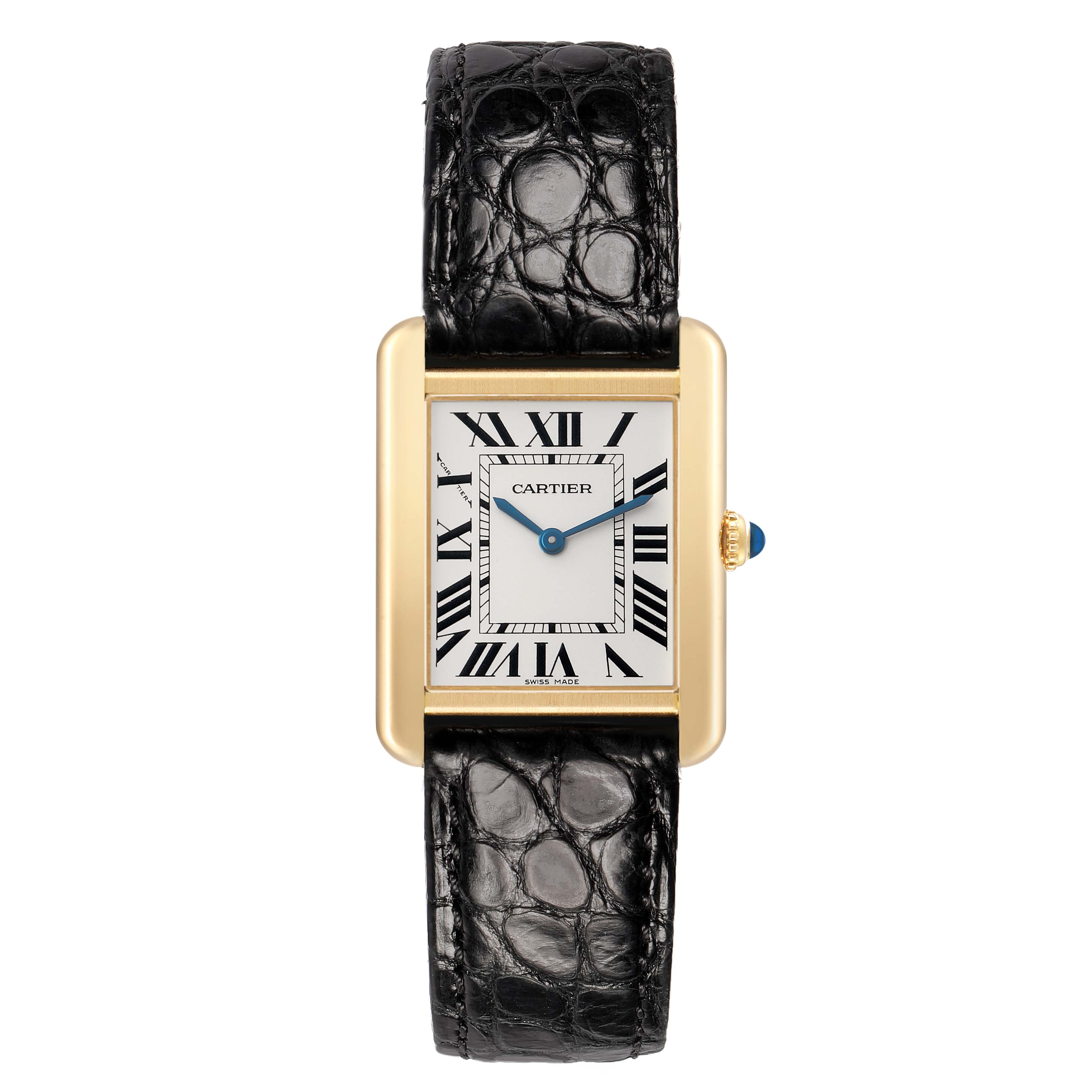The Cartier Tank Solo W5200002 Women's Steel and Gold (two tone) Silver Dial watch is shown from the front, highlighting its rectangular face, Roman numerals, and black leather strap.