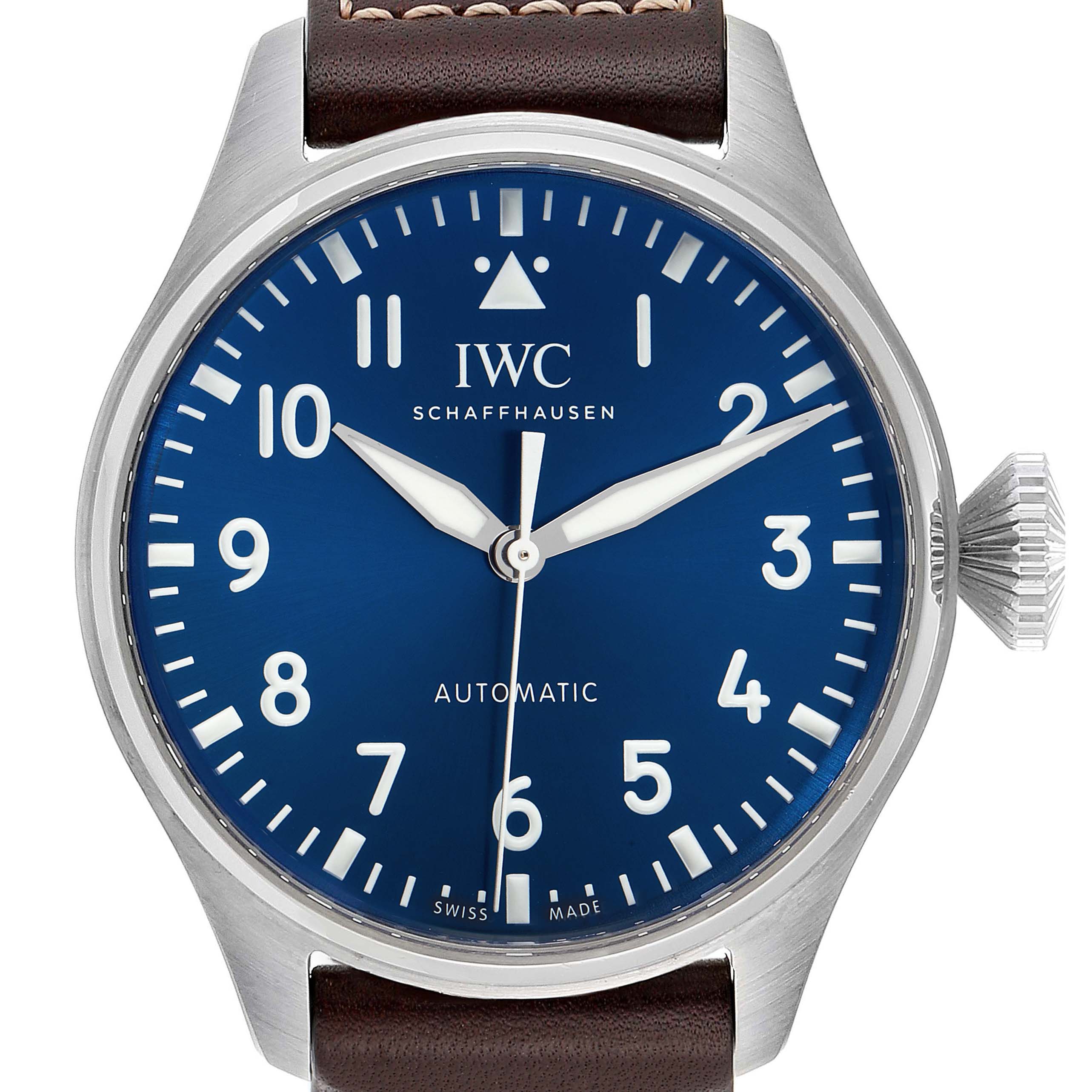 The image shows a frontal view of the IWC Pilot IW329303 Men
s Stainless Steel Blue Dial IW329303 Men
s Stainless Steel Blue Dial watch, highlighting its blue dial, white numerals, and brown leather strap.