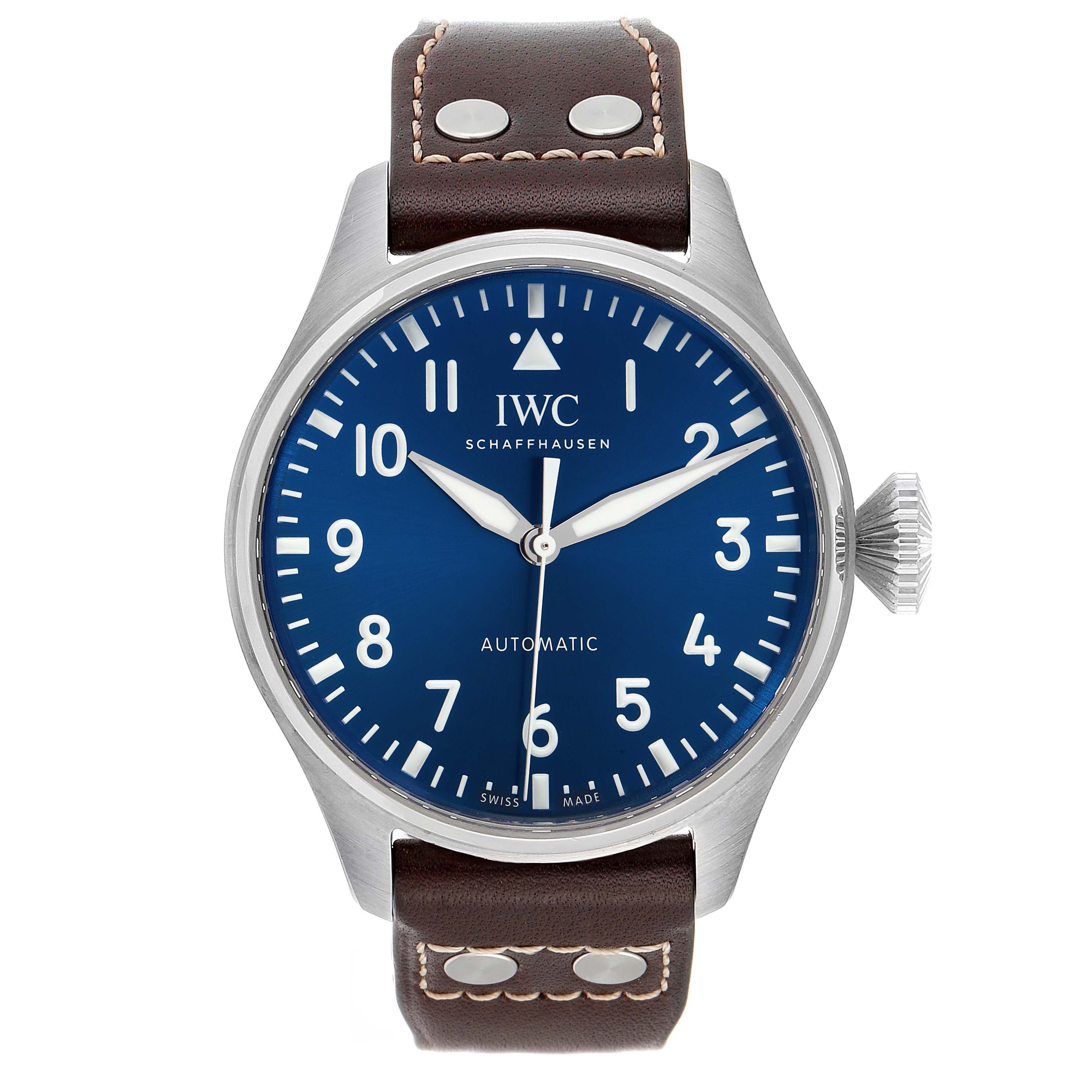 The image shows a front view of the IWC Pilot IW329303 Men
s Stainless Steel Blue Dial IW329303 Men
s Stainless Steel Blue Dial model watch, highlighting the dial, hands, and leather strap.