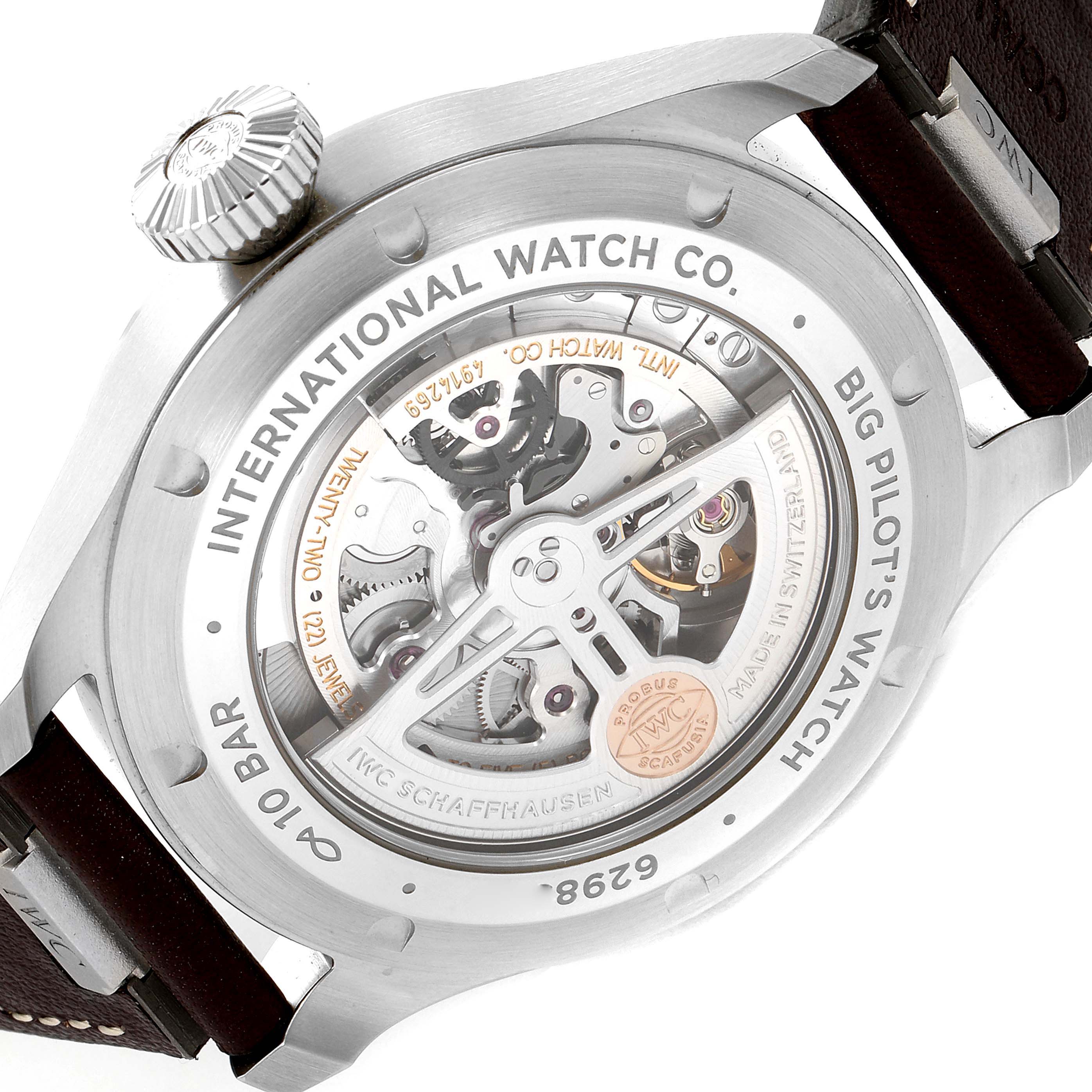 This image shows the back case of an IWC Big Pilot model, revealing its inner mechanical movement.