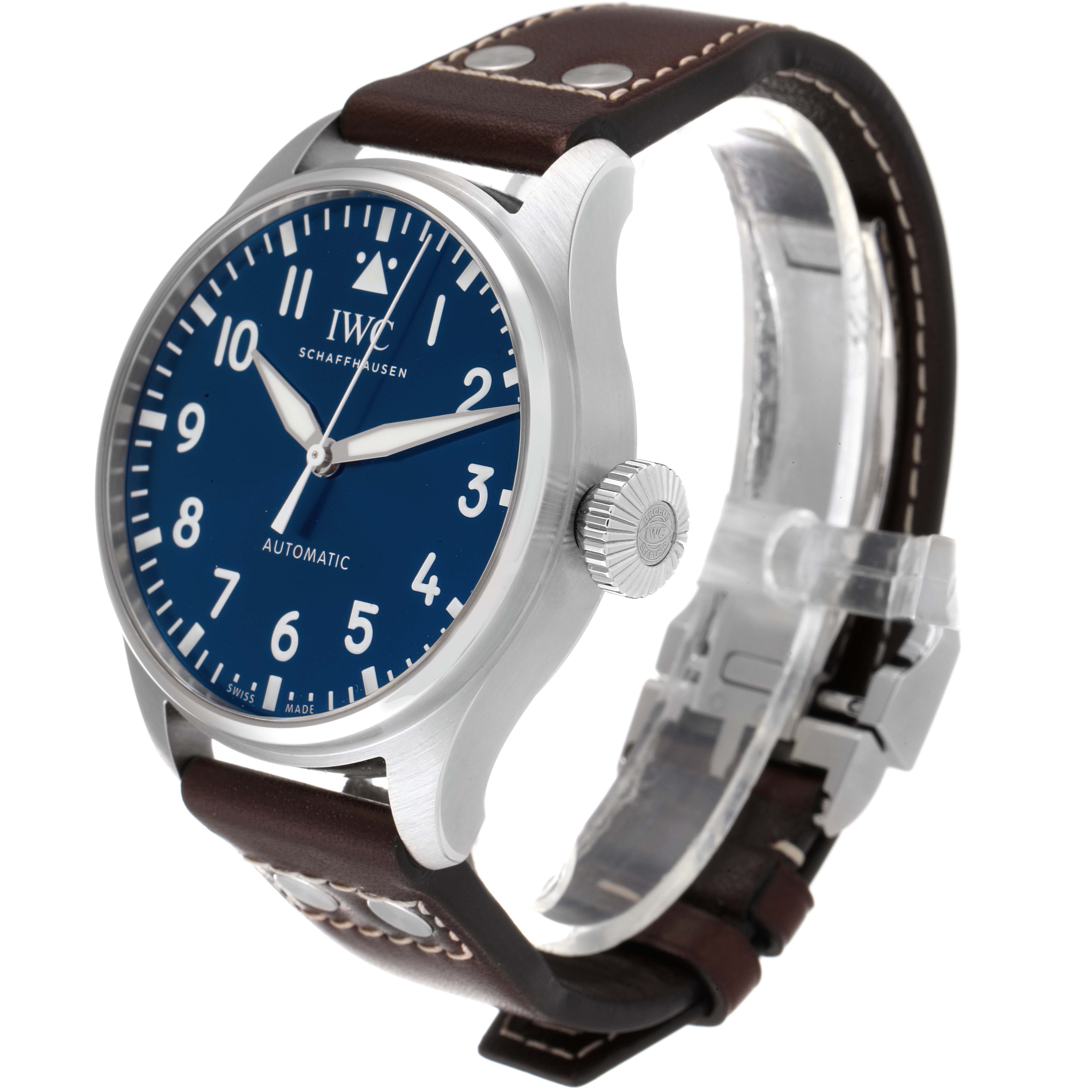 The IWC Pilot IW329303 Men
s Stainless Steel Blue Dial IW329303 Men
s Stainless Steel Blue Dial watch is shown at an angled side view, displaying the face, crown, and leather strap with buckle.