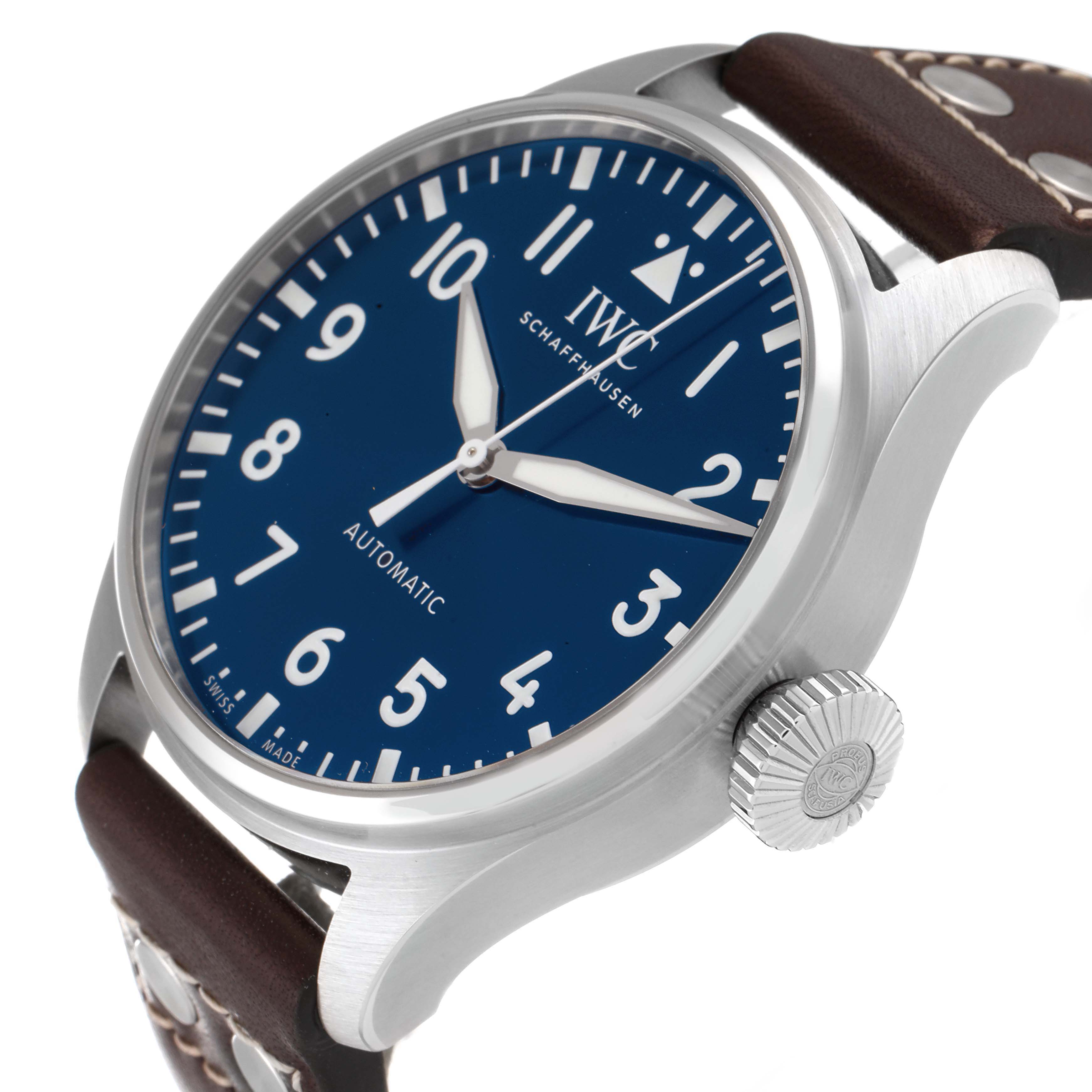 The IWC Pilot IW329303 Men
s Stainless Steel Blue Dial IW329303 Men
s Stainless Steel Blue Dial watch is shown at an angle highlighting its blue dial, crown, and brown leather strap.