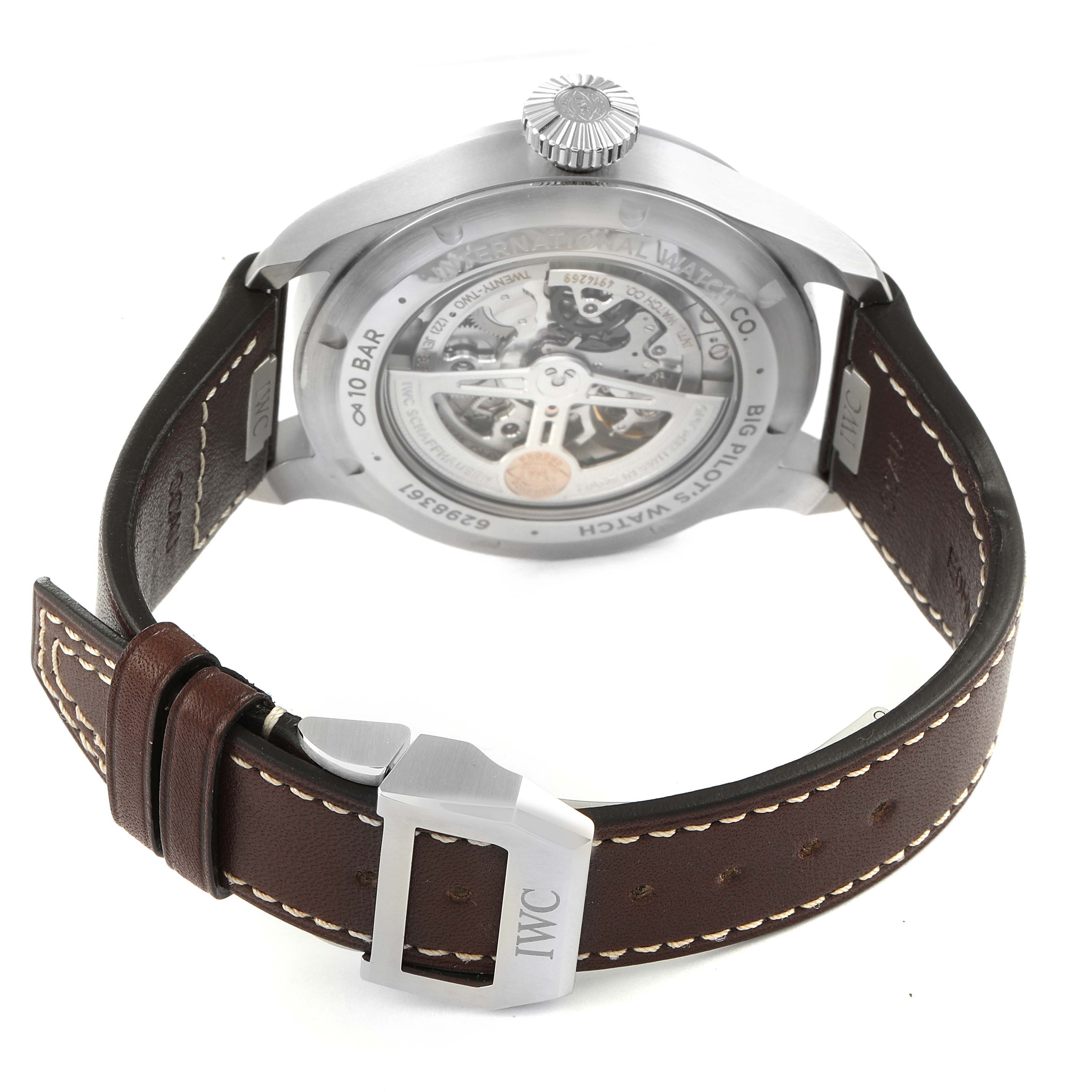 The image shows the back view of the IWC Pilot IW329303 Men
s Stainless Steel Blue Dial IW329303 Men
s Stainless Steel Blue Dial watch, highlighting the case back, strap, buckle, and crown.