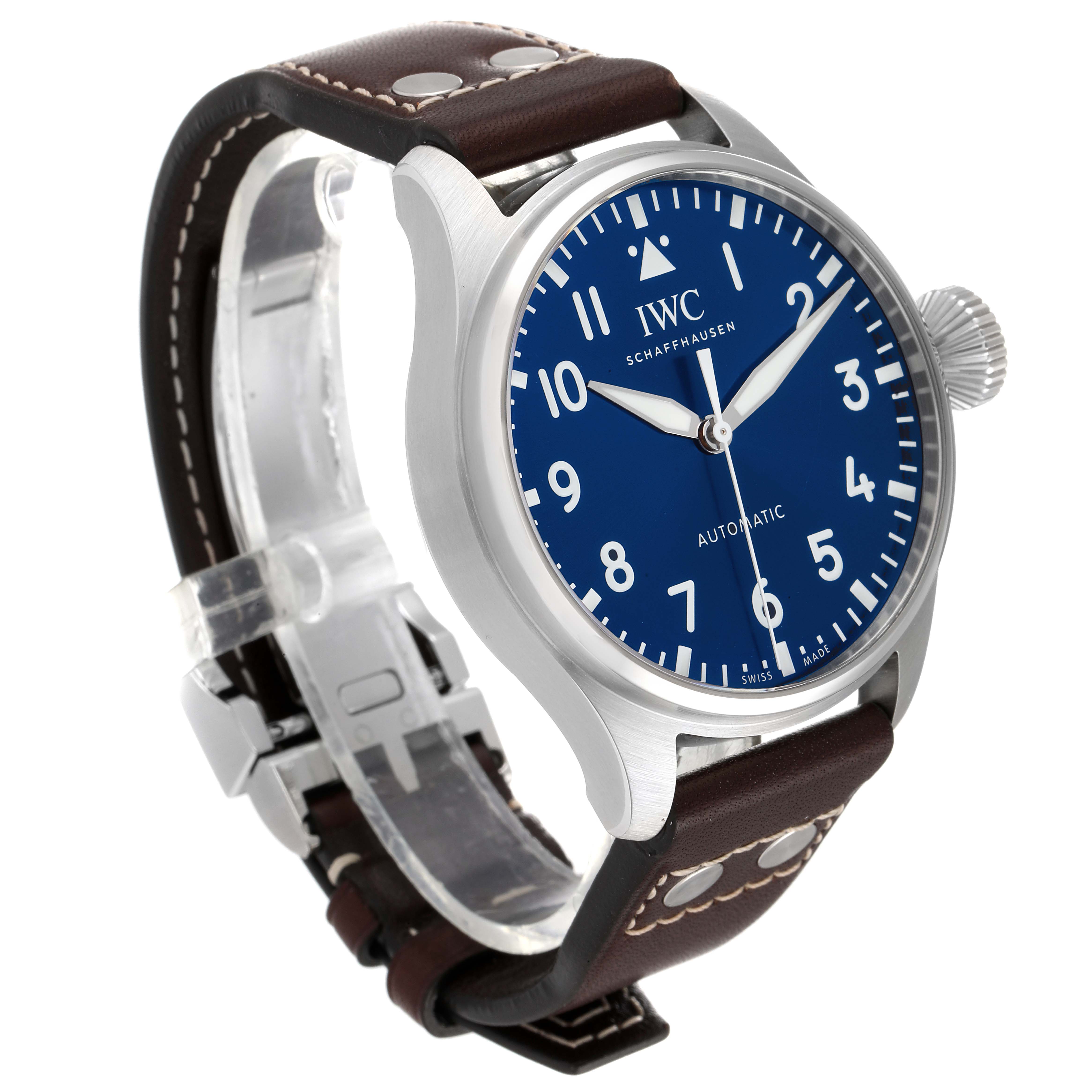This IWC Pilot IW329303 Men
s Stainless Steel Blue Dial IW329303 Men
s Stainless Steel Blue Dial watch is shown at a three-quarter angle, highlighting the blue dial, silver case, and brown leather strap.