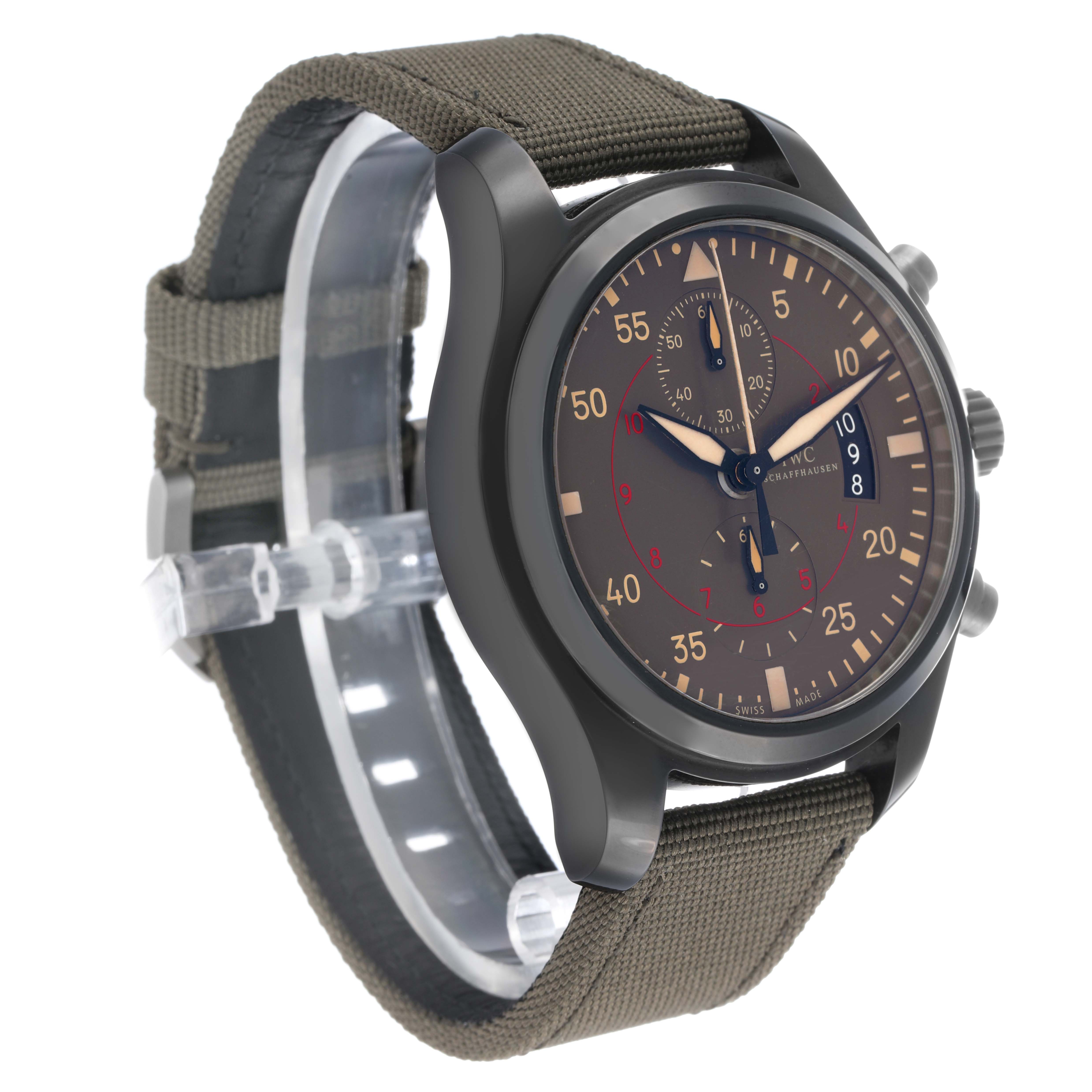 The IWC Pilot IW388002 Men's Ceramic Grey Dial watch is shown at a three-quarter angle, displaying the face, bezel, and fabric strap.