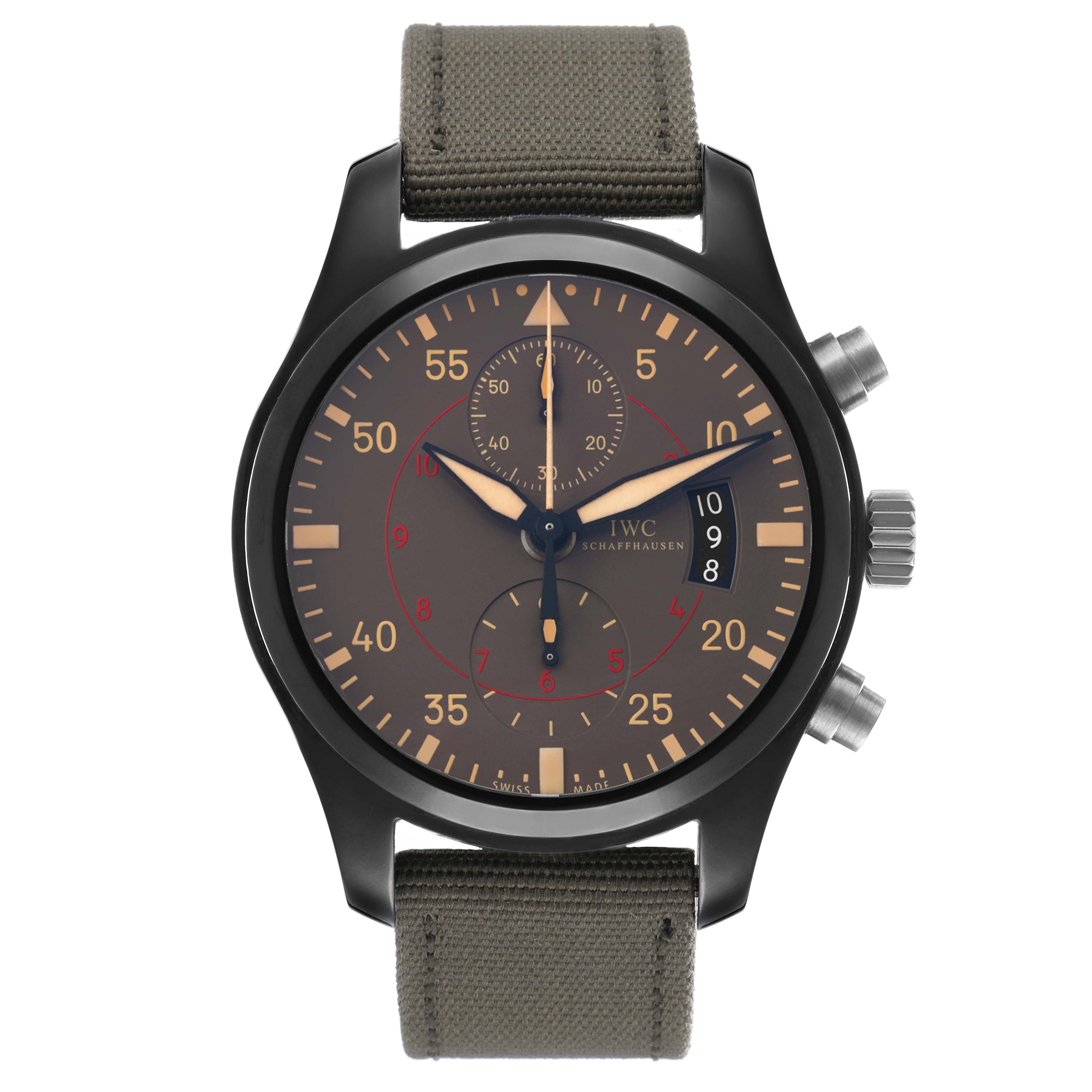The IWC Pilot IW388002 Men's Ceramic Grey Dial watch is shown from the front, displaying its dial, hands, and strap.