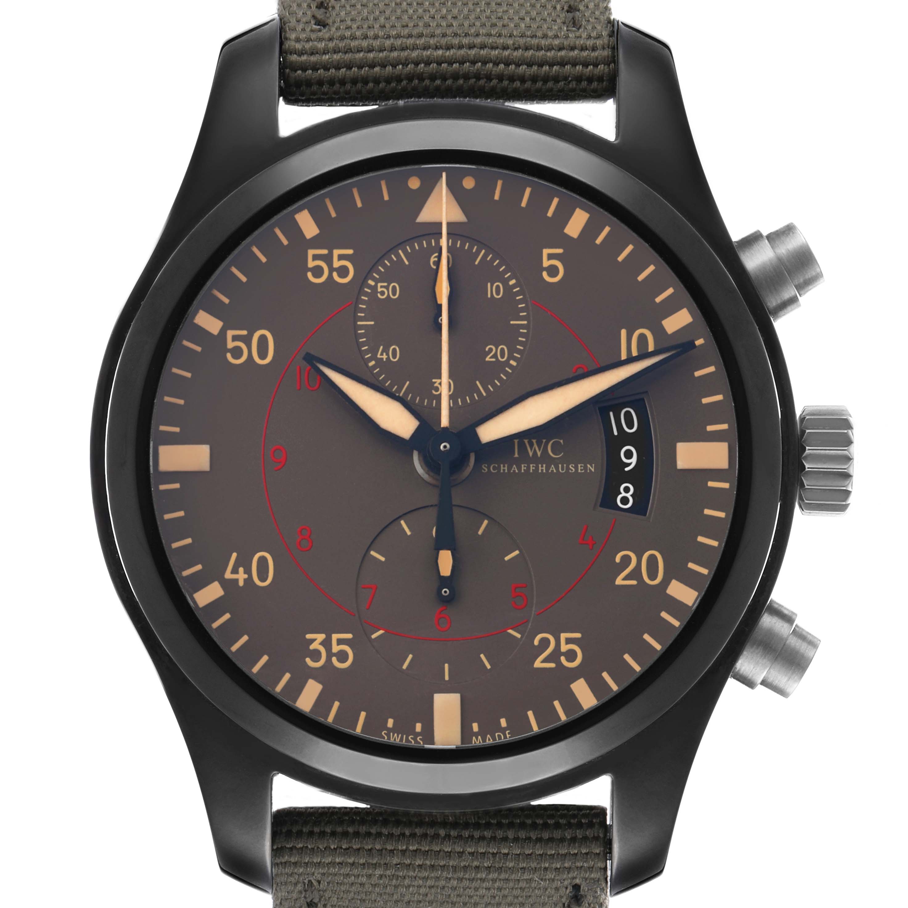 The image shows a front view of the IWC Pilot IW388002 Men's Ceramic Grey Dial model watch, highlighting the dial, hands, subdials, and crown.