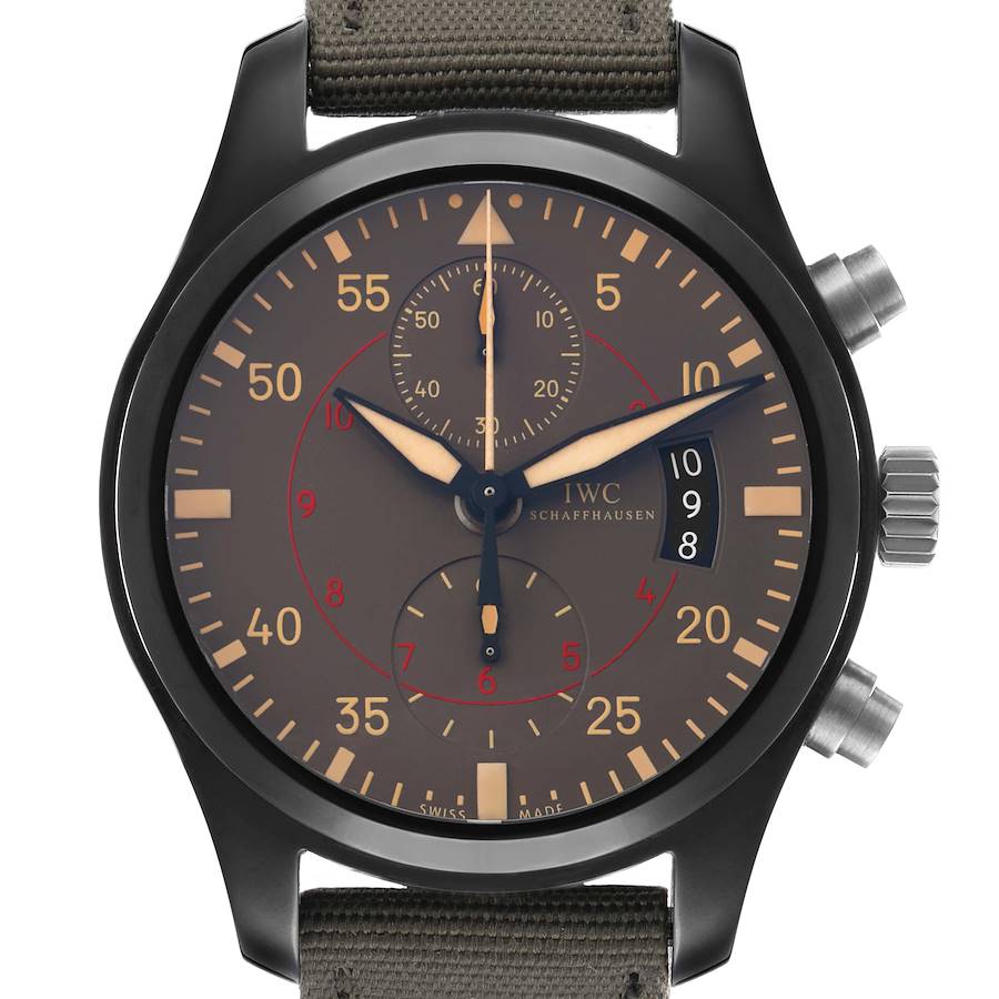 The image shows a front view of the IWC Pilot IW388002 Men's Ceramic Grey Dial model watch, highlighting the dial, hands, subdials, and crown.