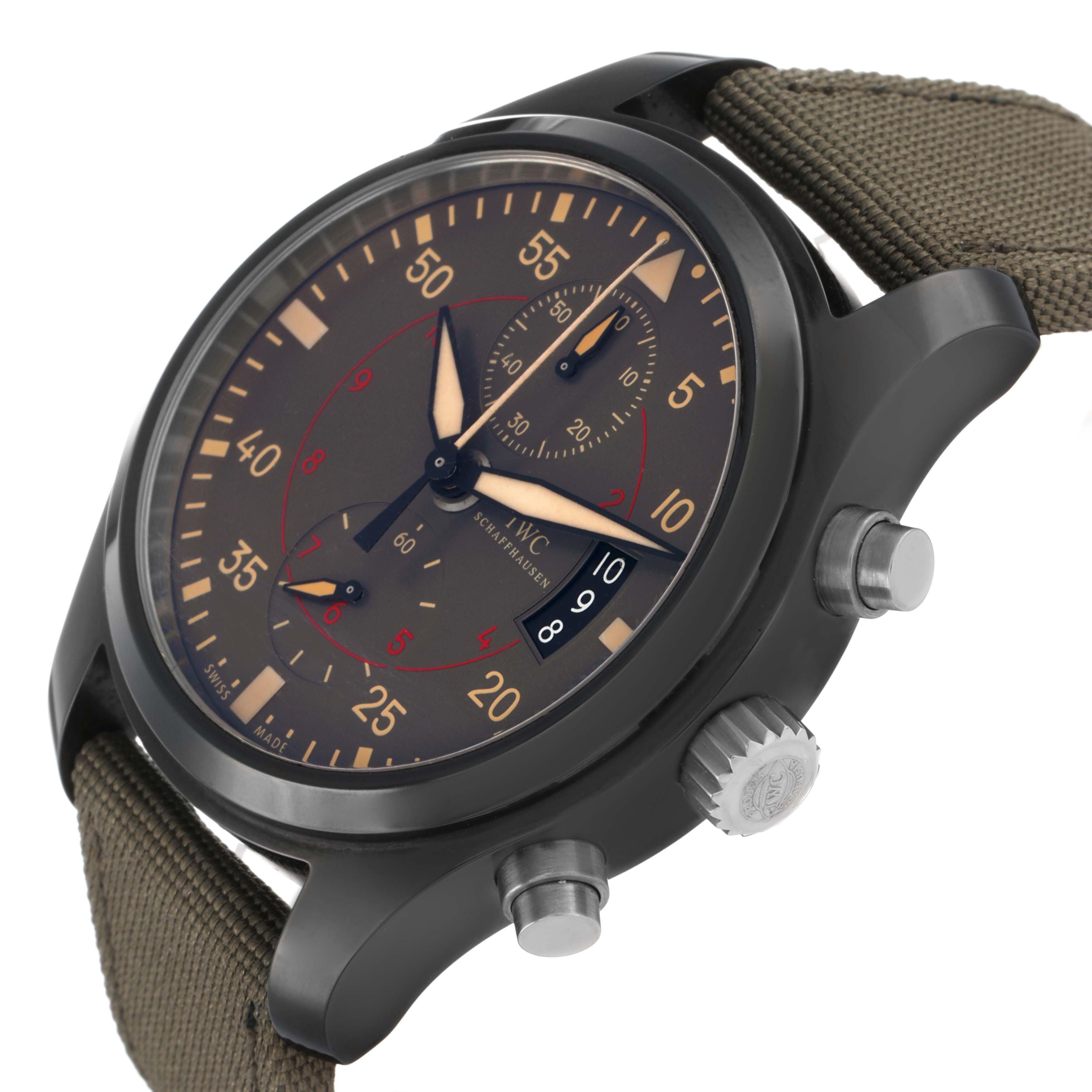 The IWC Pilot IW388002 Men's Ceramic Grey Dial watch is shown at an angle highlighting the side profile, dial, pushers, and strap attachment.