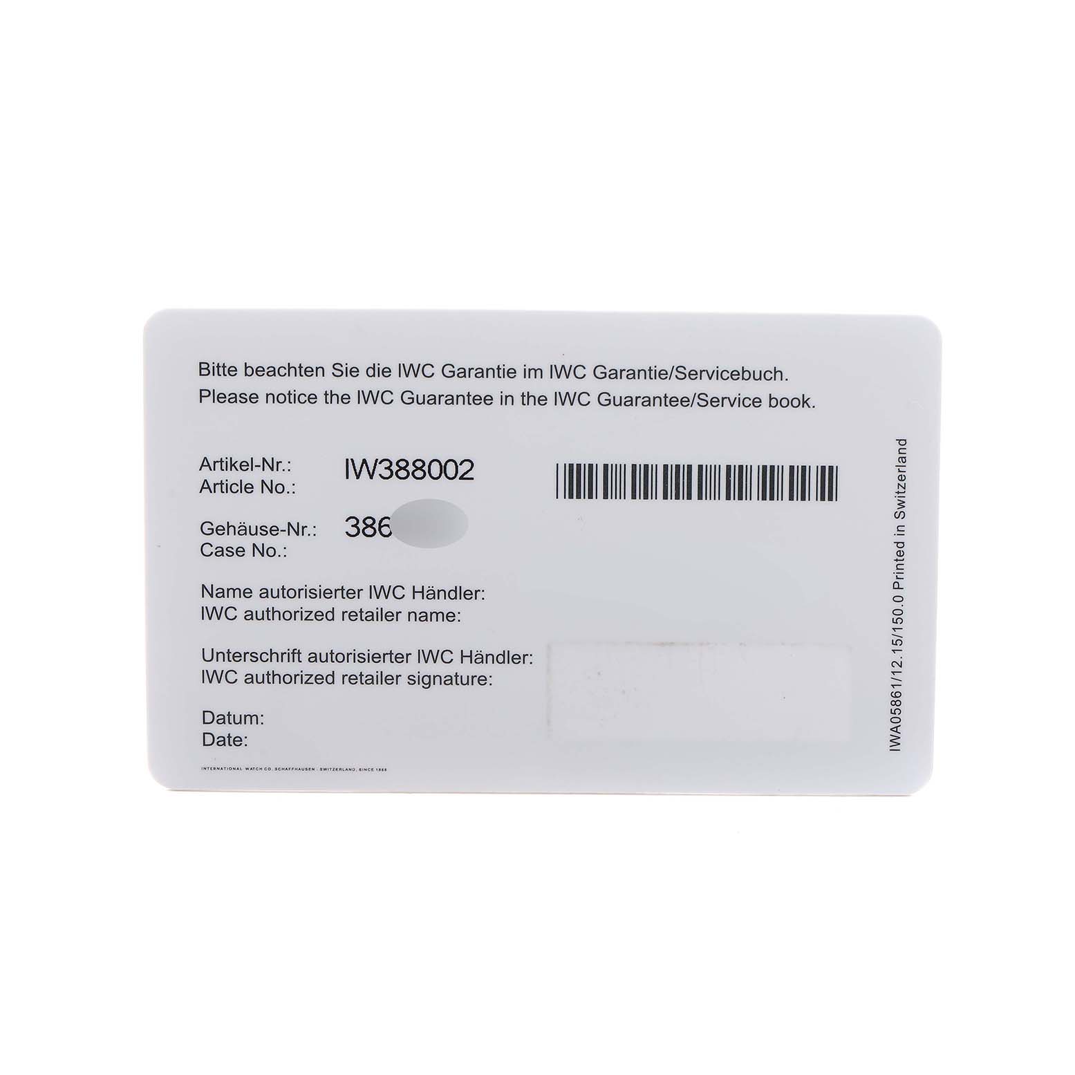 The image shows the warranty card for the IWC Pilot IW388002 Men's Ceramic Grey Dial model watch, viewed from the front.