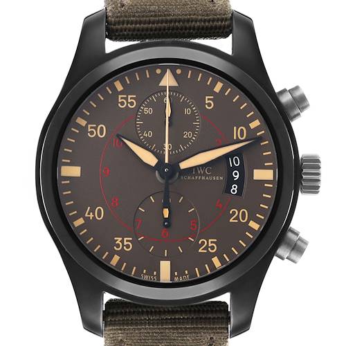 The IWC Pilot IW388002 Men's Ceramic Grey Dial model watch is shown from a front view, displaying its dial, hands, subdials, crown, pushers, and strap.
