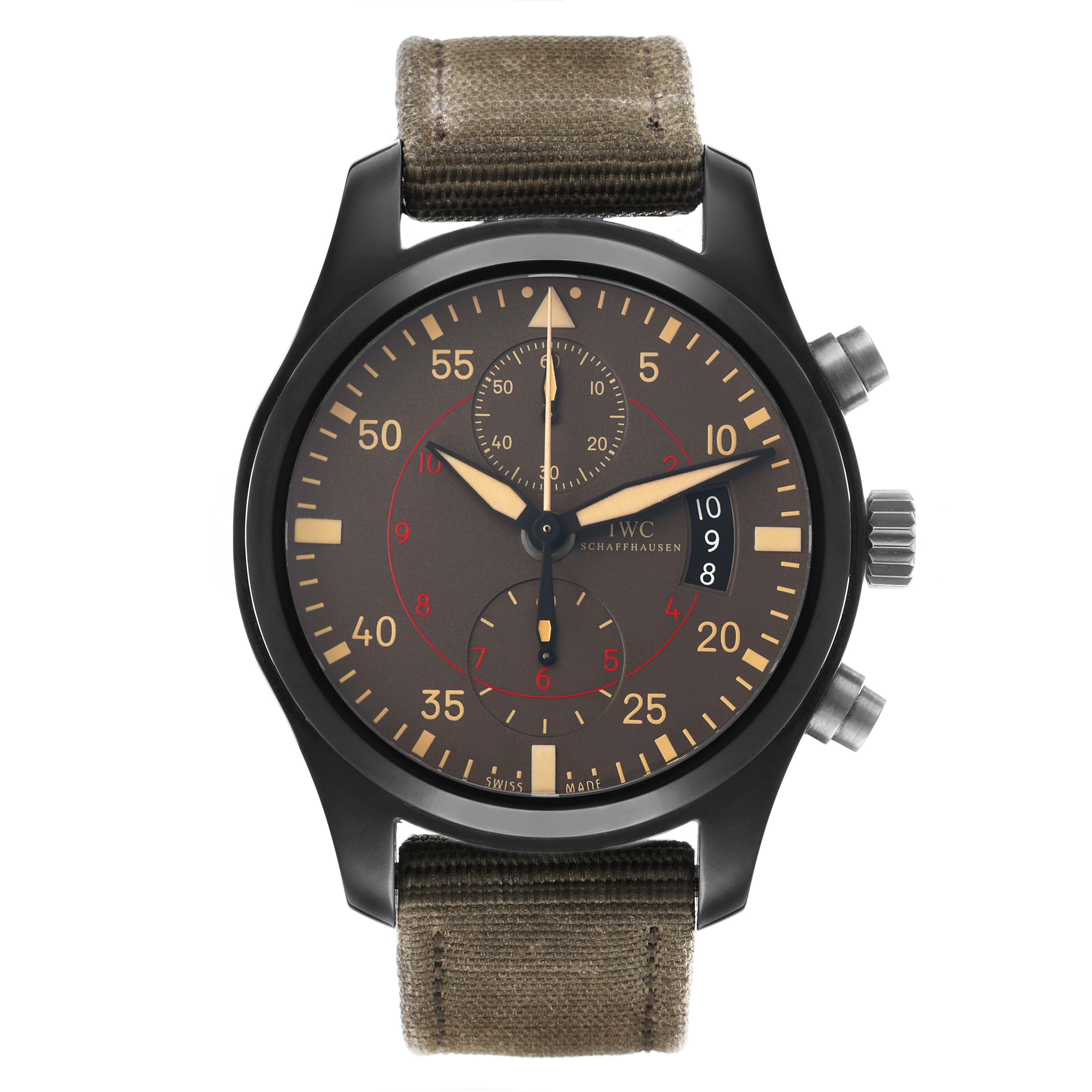 The IWC Pilot IW388002 Men's Ceramic Grey Dial model watch is shown from a front angle, highlighting the dial, pushers, crown, and canvas strap.