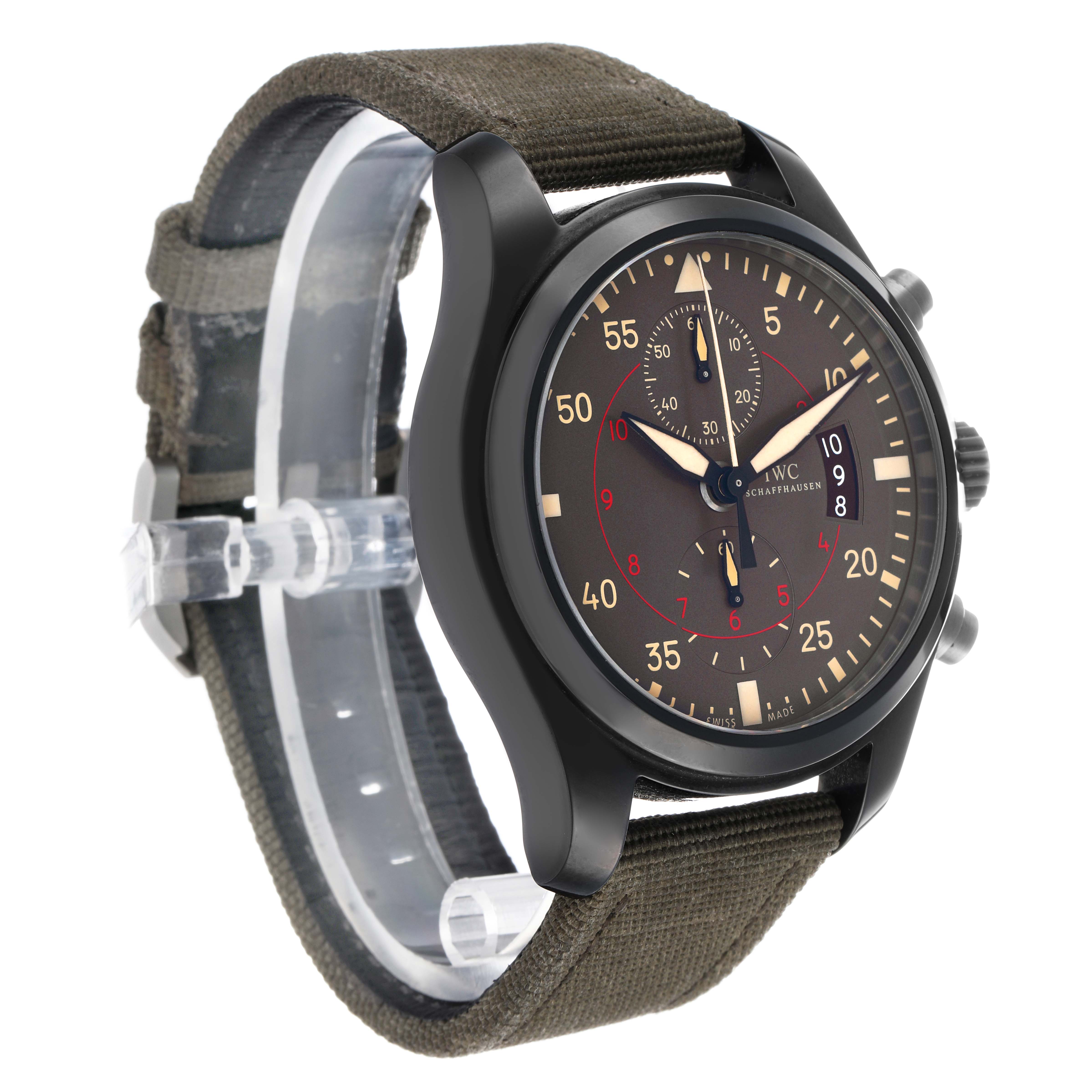 The IWC Pilot IW388002 Men's Ceramic Grey Dial model watch is shown at a three-quarter angle, highlighting the face, strap, and side pushers.