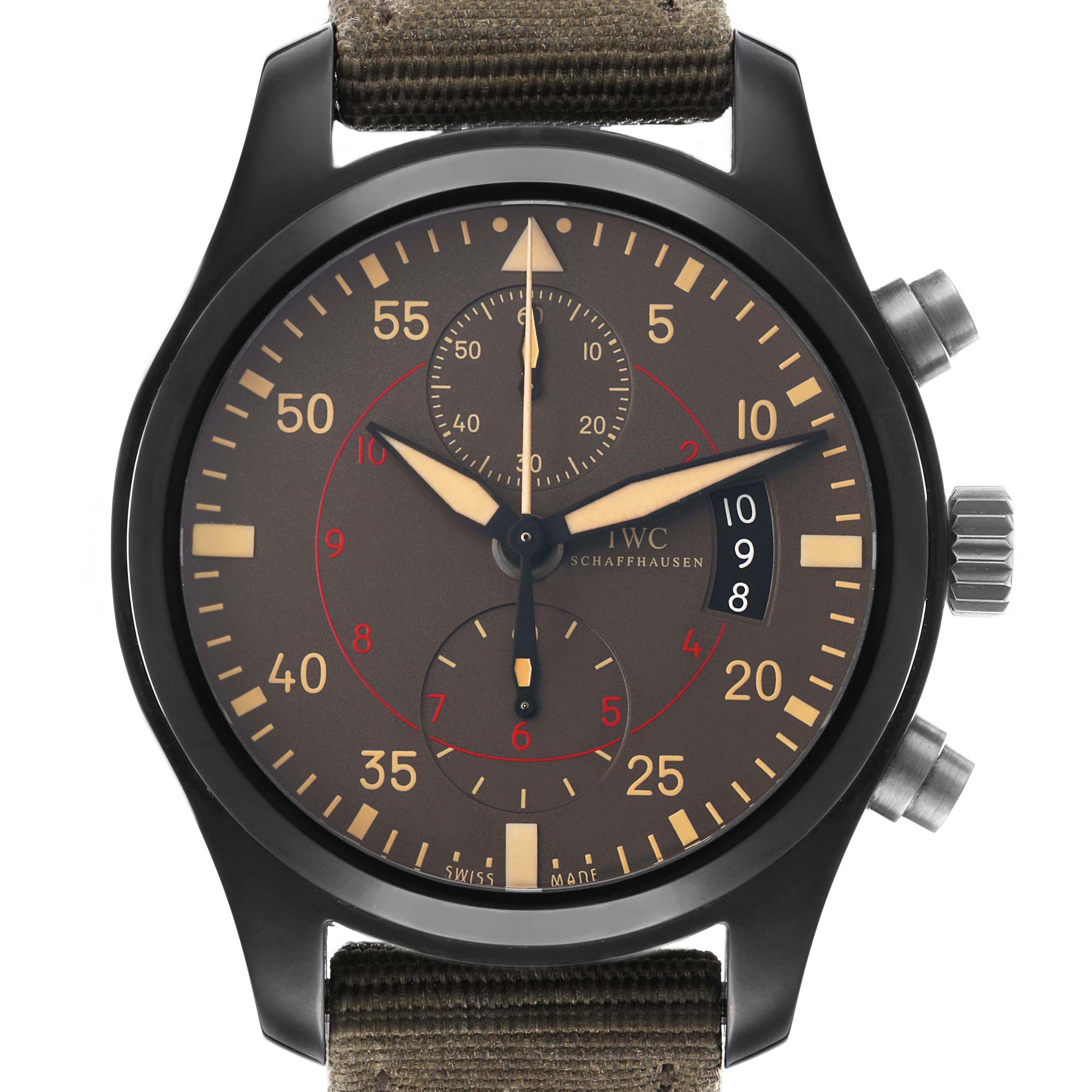 The IWC Pilot IW388002 Men's Ceramic Grey Dial model watch is shown from the front, displaying the dial, hands, subdials, and date window.