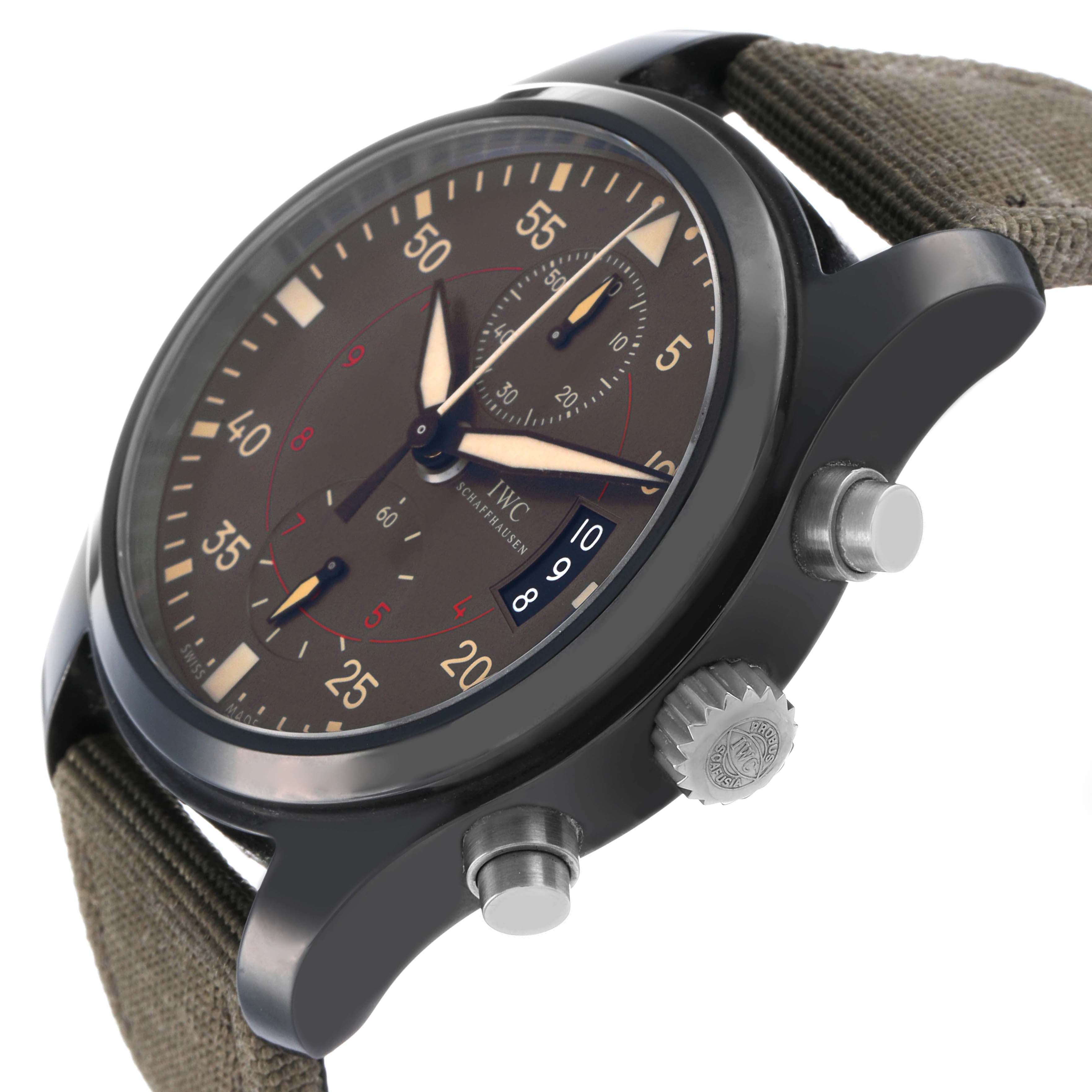 The IWC Pilot IW388002 Men's Ceramic Grey Dial model watch is shown from a side angle, highlighting the dial, crown, and chronograph pushers.