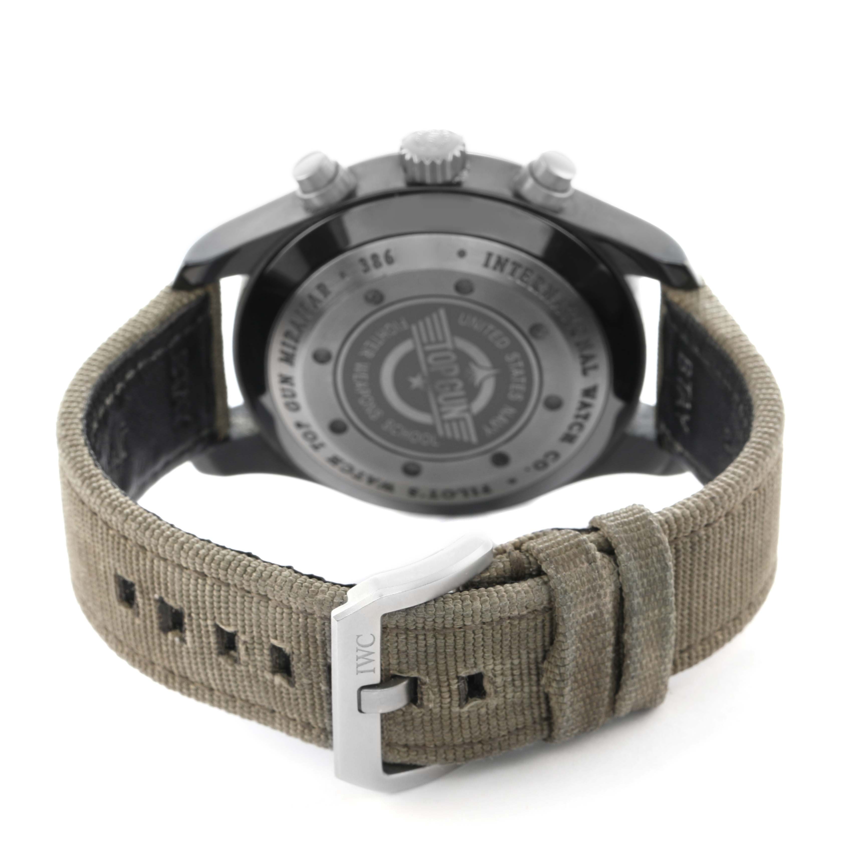 The image shows the back of the IWC Pilot IW388002 Men's Ceramic Grey Dial watch, highlighting the case back, pushers, and strap with a buckle engraved with "IWC."