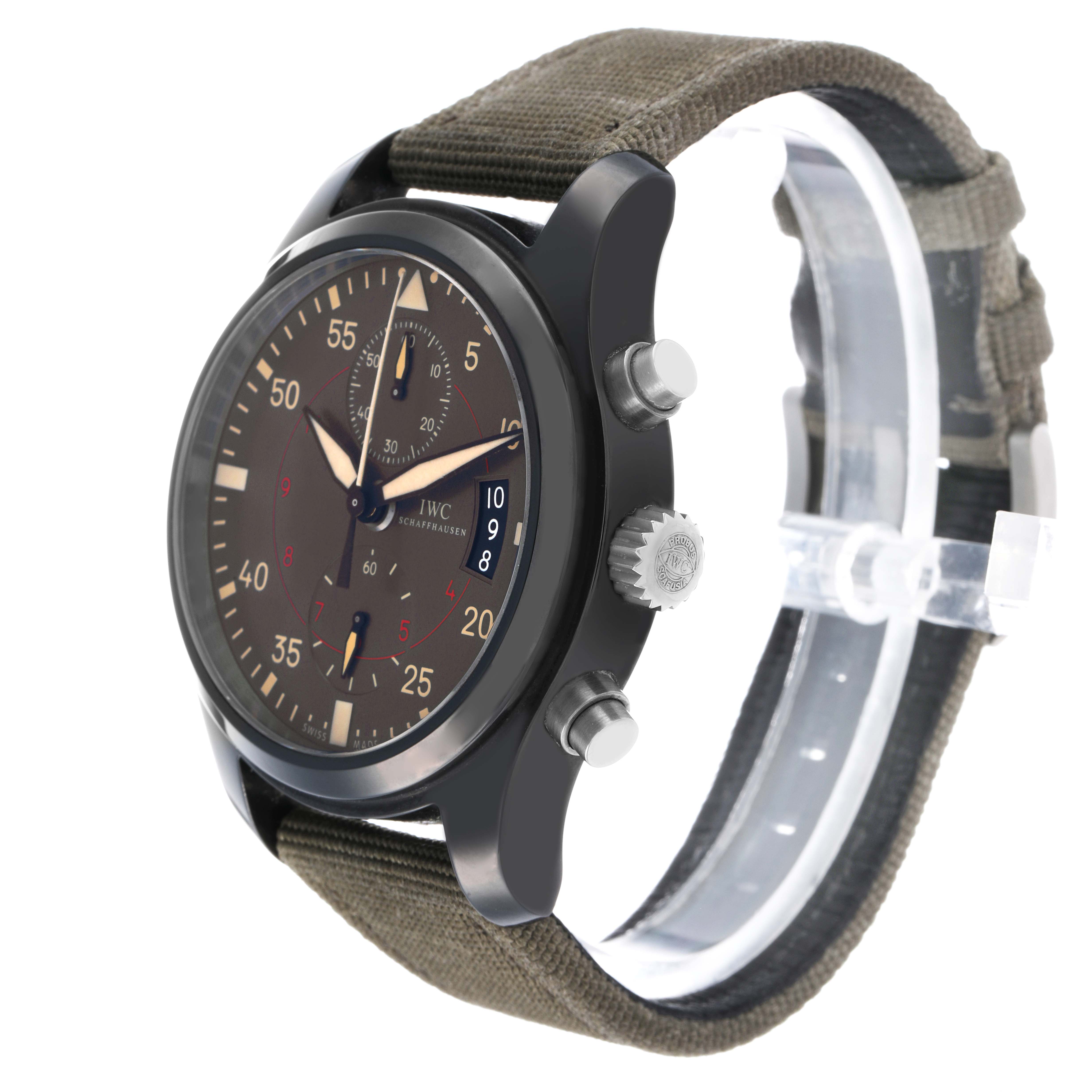 The IWC Pilot IW388002 Men's Ceramic Grey Dial watch is shown at a three-quarter angle, highlighting the dial, crown, pushers, and fabric strap.