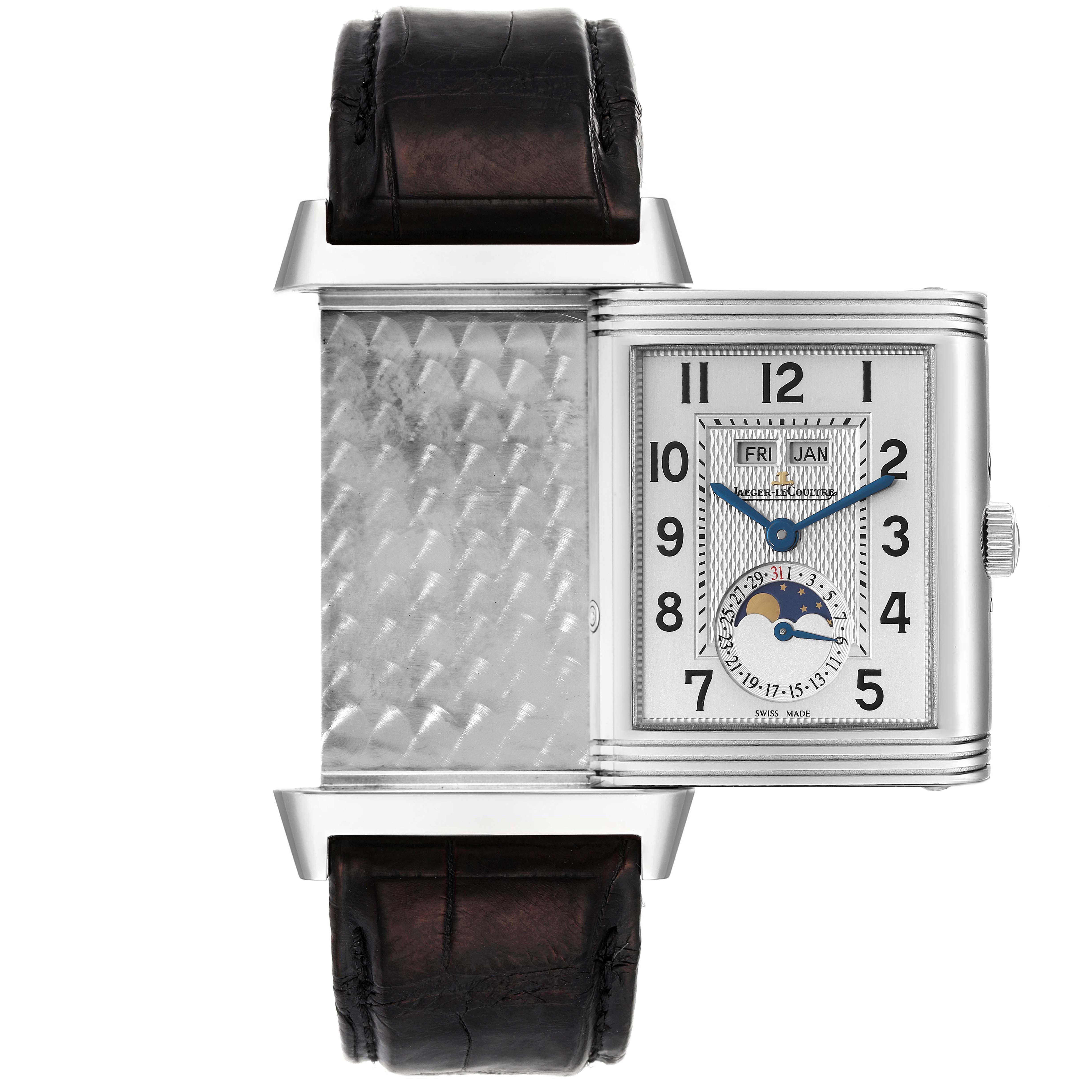 The Jaeger-LeCoultre Reverso watch is shown in a close-up image, displaying the front dial and the back side.