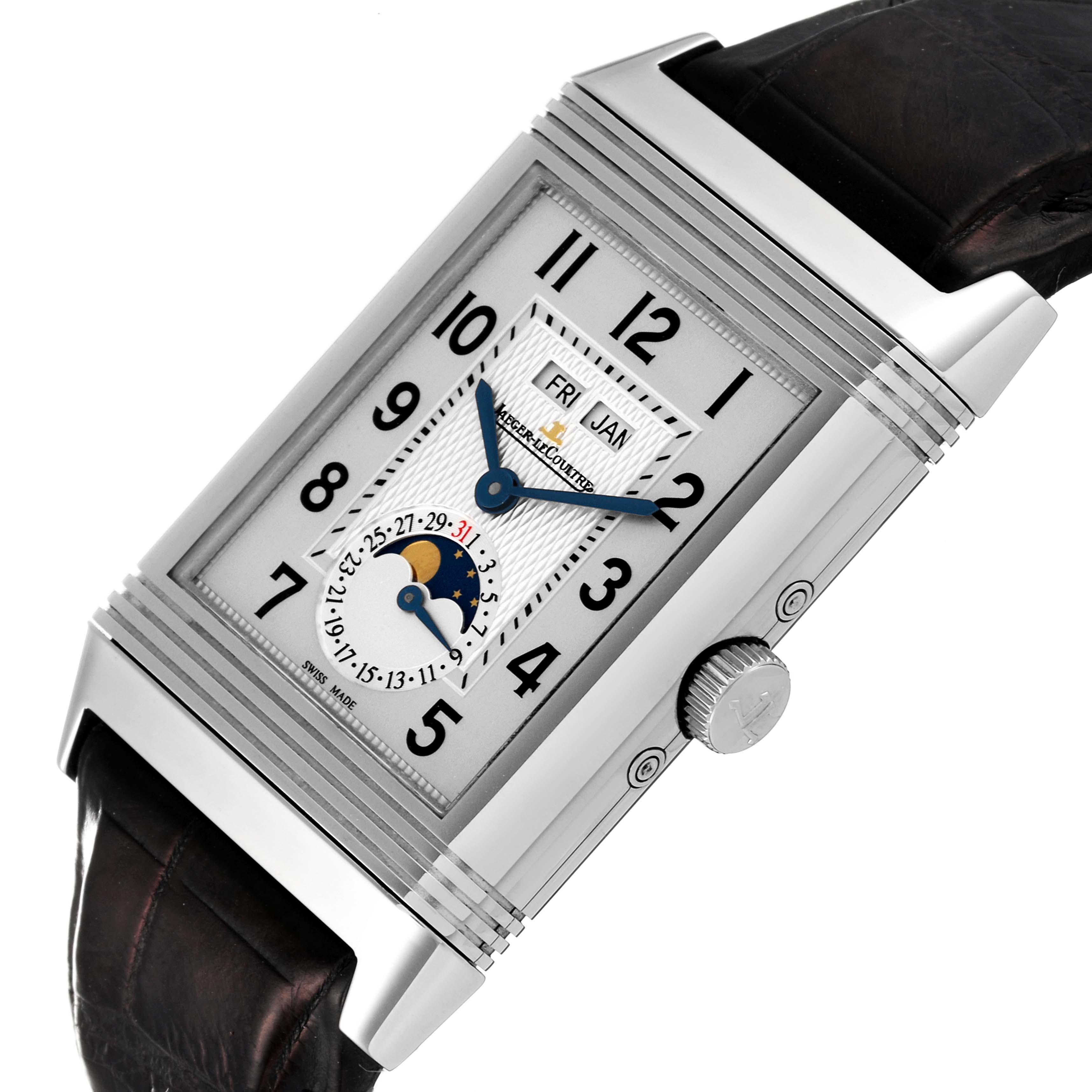 This image shows a side profile of the Jaeger LeCoultre Reverso Q3758420 Men's Stainless Steel Silver Dial Q3758420 Men's Stainless Steel Silver Dial watch, highlighting its rectangular face, crown, and leather strap.