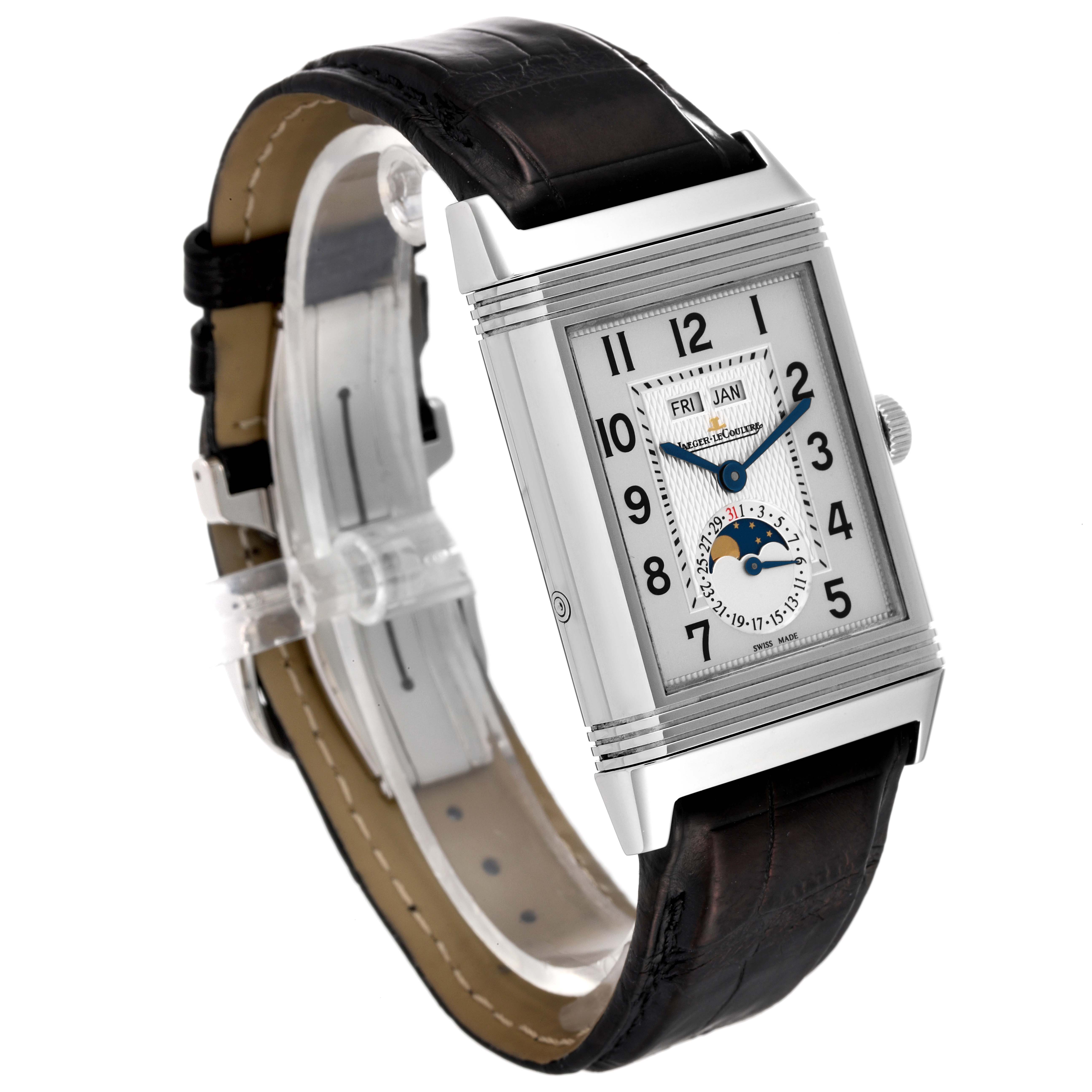 This image shows a Jaeger LeCoultre Reverso Q3758420 Men's Stainless Steel Silver Dial Q3758420 Men's Stainless Steel Silver Dial watch from a front angle, highlighting its face and black leather strap.