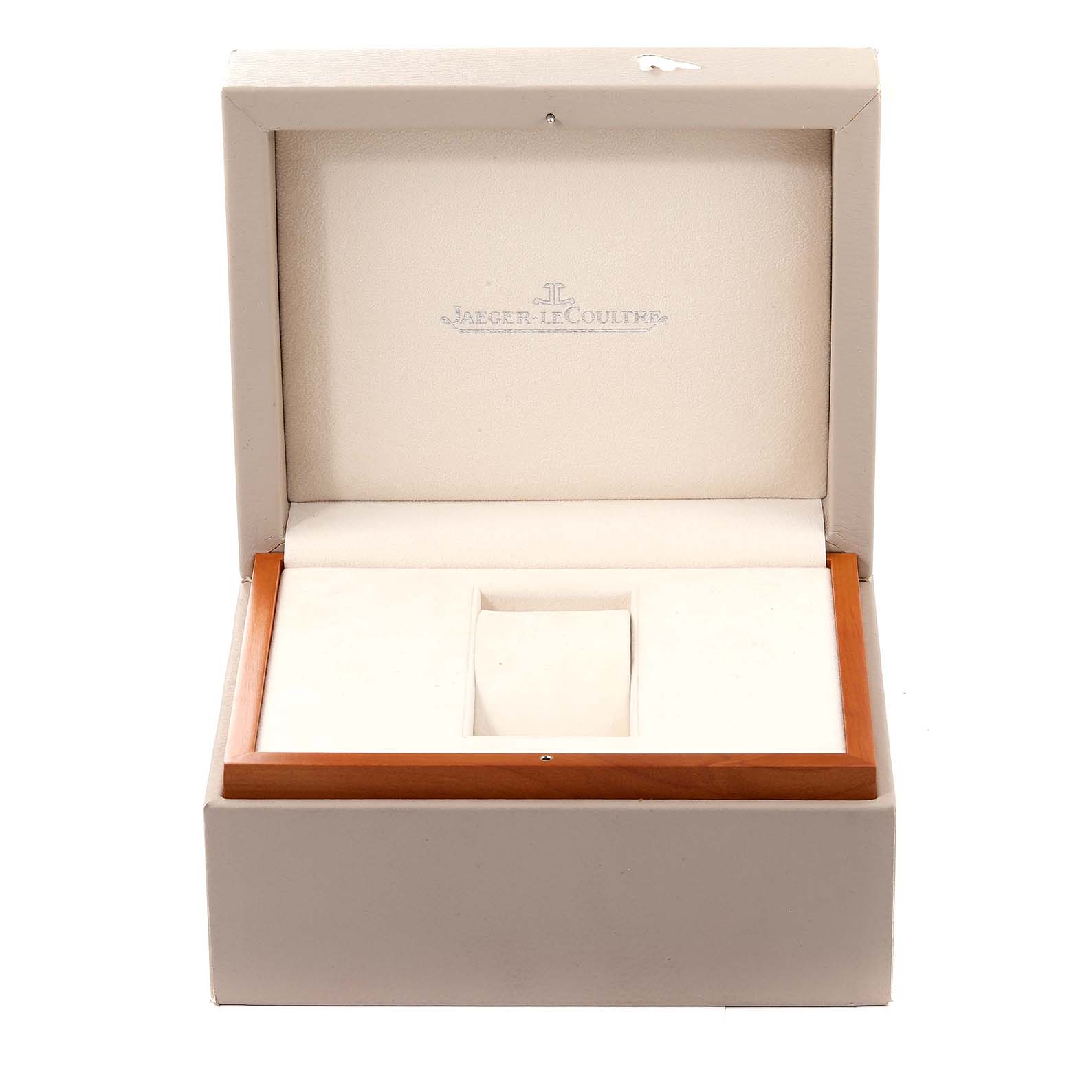 The image shows an open Jaeger LeCoultre Reverso Q3758420 Men's Stainless Steel Silver Dial Q3758420 Men's Stainless Steel Silver Dial watch box, displaying an empty cushion slot and branded interior.