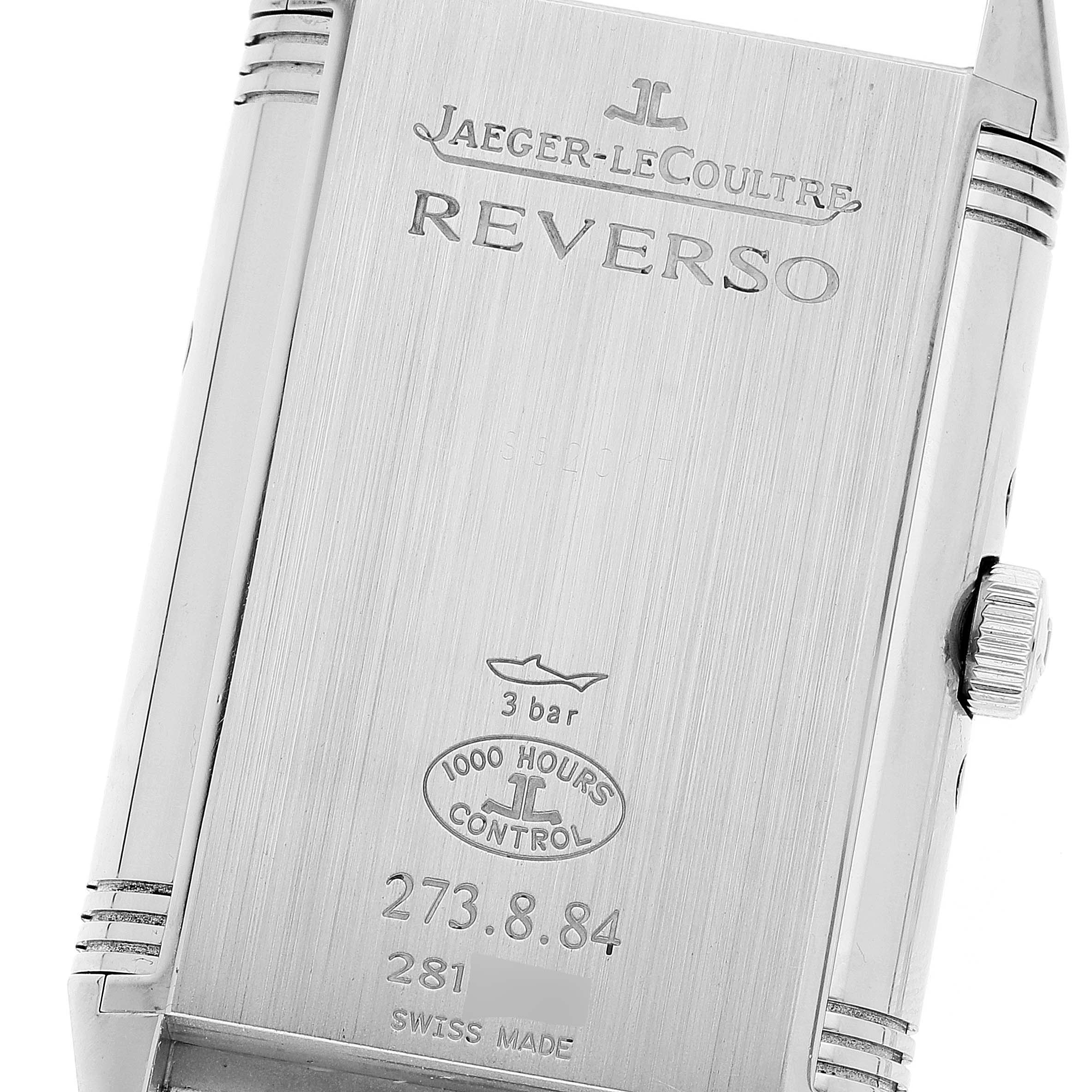 The image shows the back casing of the Jaeger-LeCoultre Reverso watch, including the crown on the side.