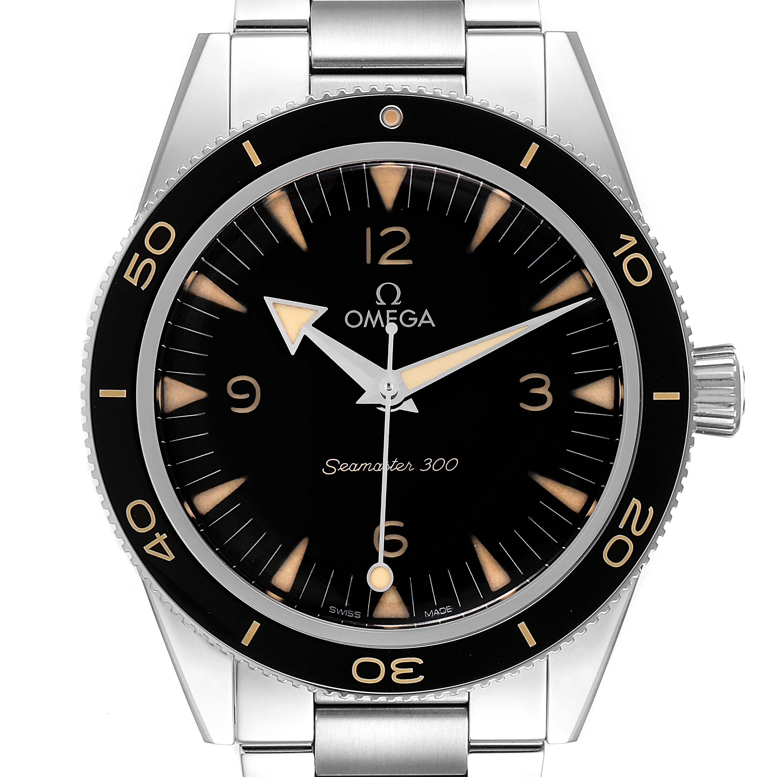 The image shows an Omega Seamaster 234.30.41.21.01.001 Men's Stainless Steel Black Dial 234.30.41.21.01.001 Men's Stainless Steel Black Dial 300 watch from a front angle, highlighting its dial, hands, bezel, and bracelet.
