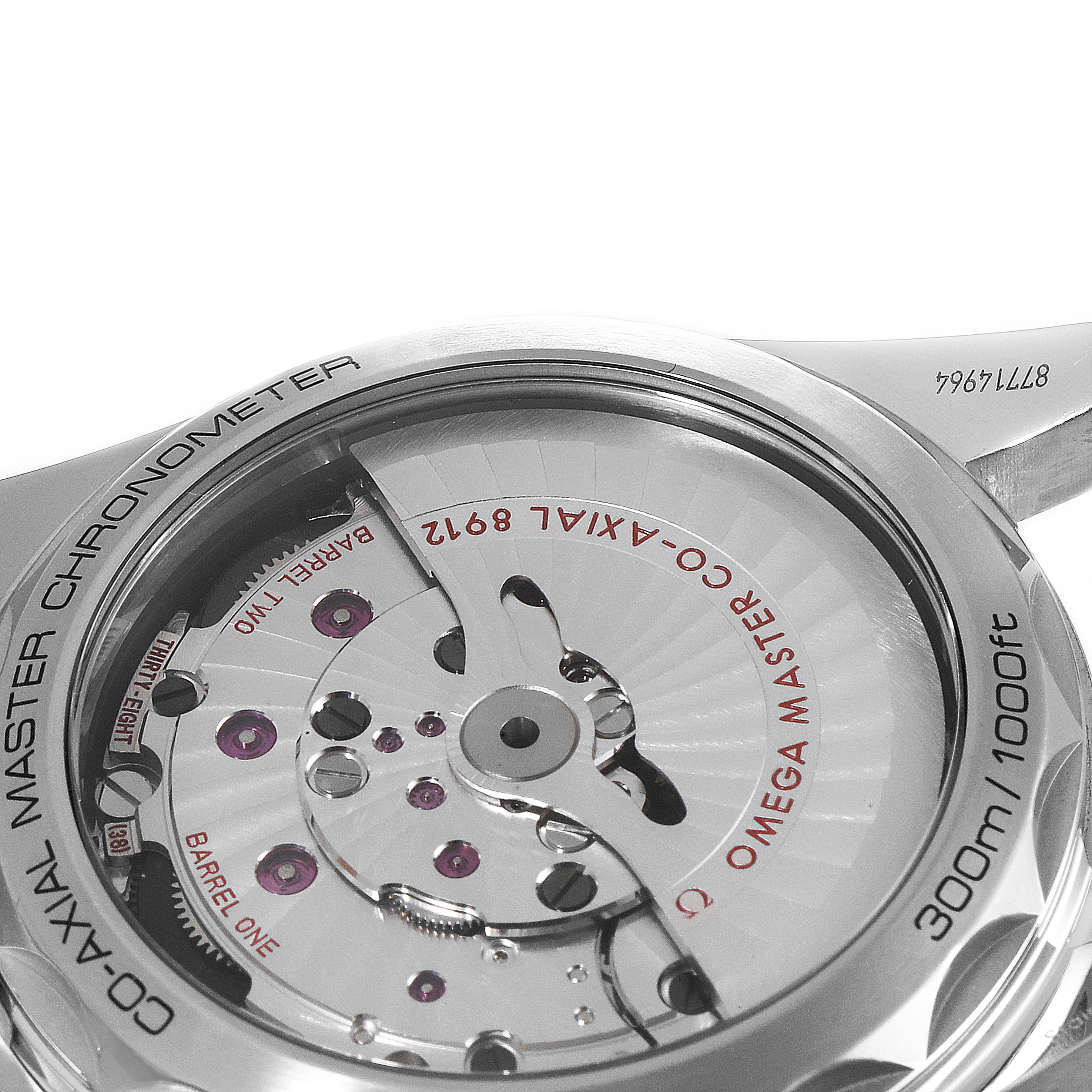 This image shows the back of the Omega Seamaster 234.30.41.21.01.001 Men's Stainless Steel Black Dial 234.30.41.21.01.001 Men's Stainless Steel Black Dial watch, highlighting its movement and water resistance details.