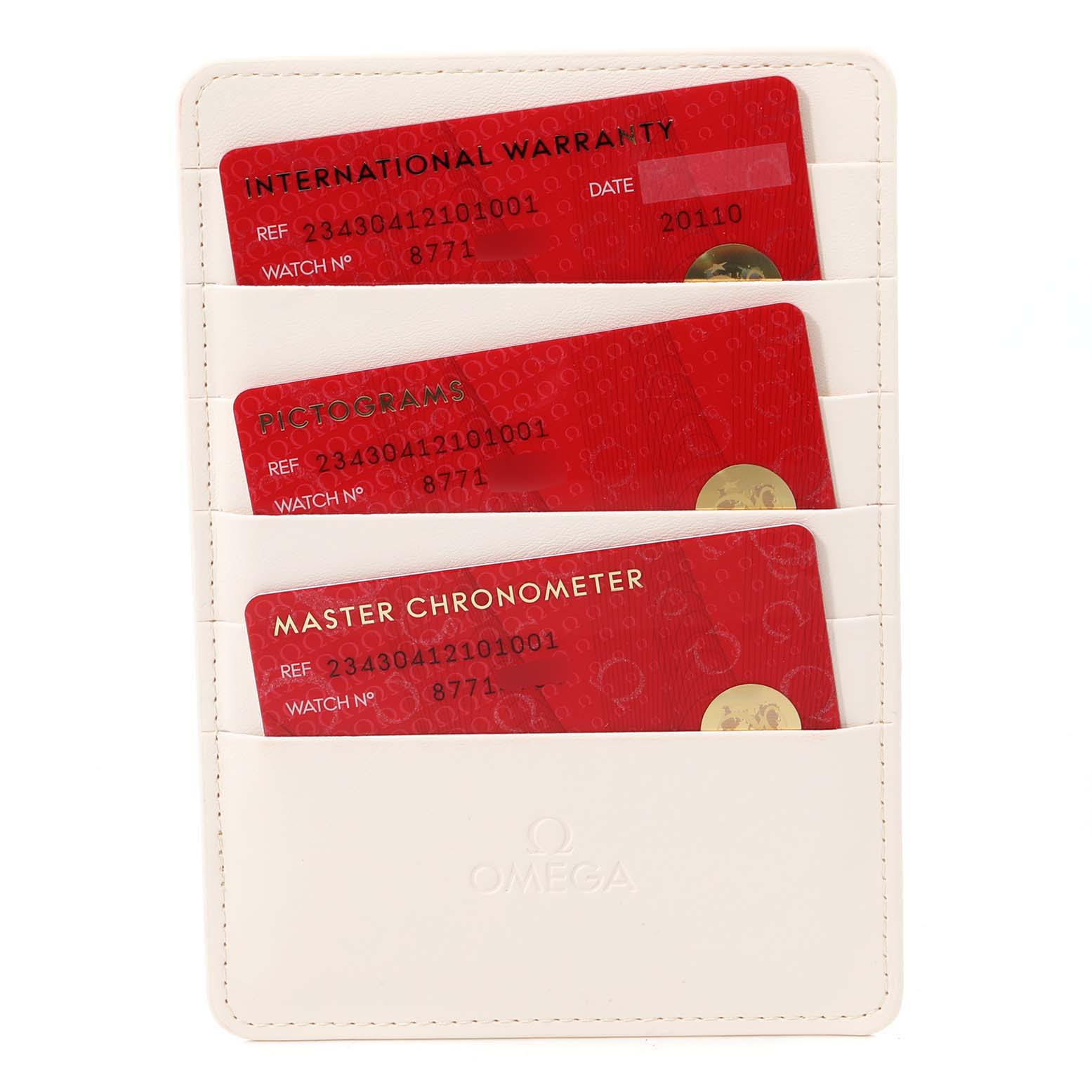 The image shows three red cards in a white card holder: International Warranty, Pictograms, and Master Chronometer for the Omega Seamaster 234.30.41.21.01.001 Men's Stainless Steel Black Dial 234.30.41.21.01.001 Men's Stainless Steel Black Dial.