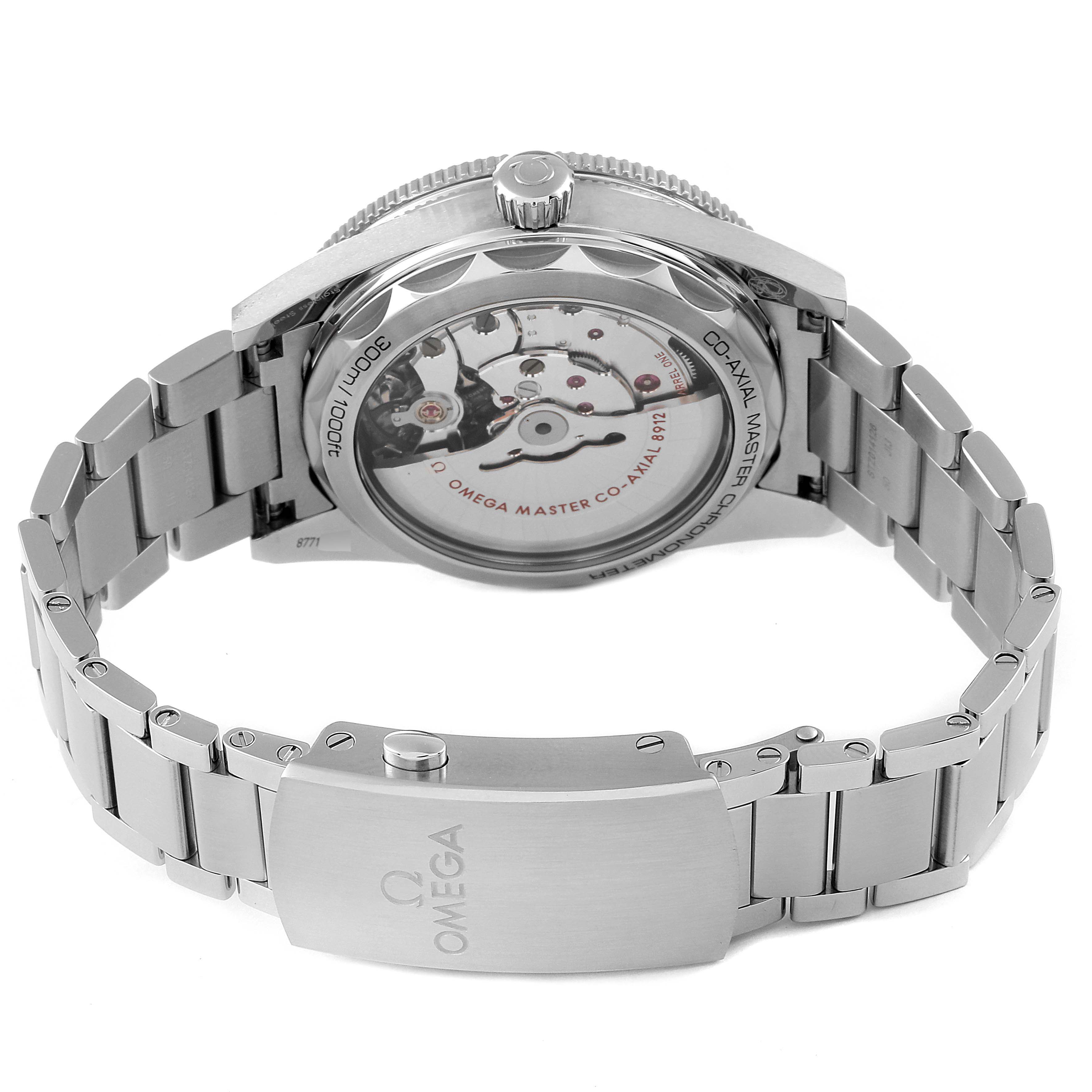 The image shows the back view of an Omega Seamaster 234.30.41.21.01.001 Men's Stainless Steel Black Dial 234.30.41.21.01.001 Men's Stainless Steel Black Dial watch, highlighting the visible movement and metal bracelet.