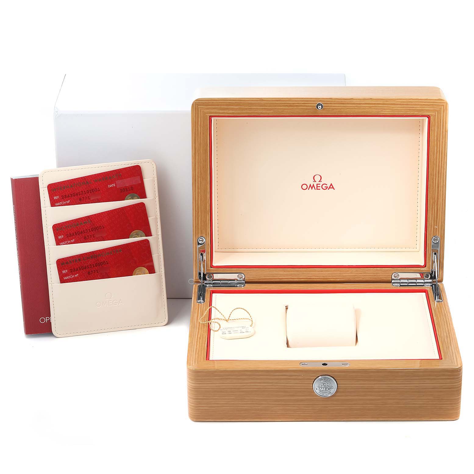 The image shows the open box for an Omega Seamaster 234.30.41.21.01.001 Men's Stainless Steel Black Dial 234.30.41.21.01.001 Men's Stainless Steel Black Dial watch, along with its instruction manual and warranty cards.