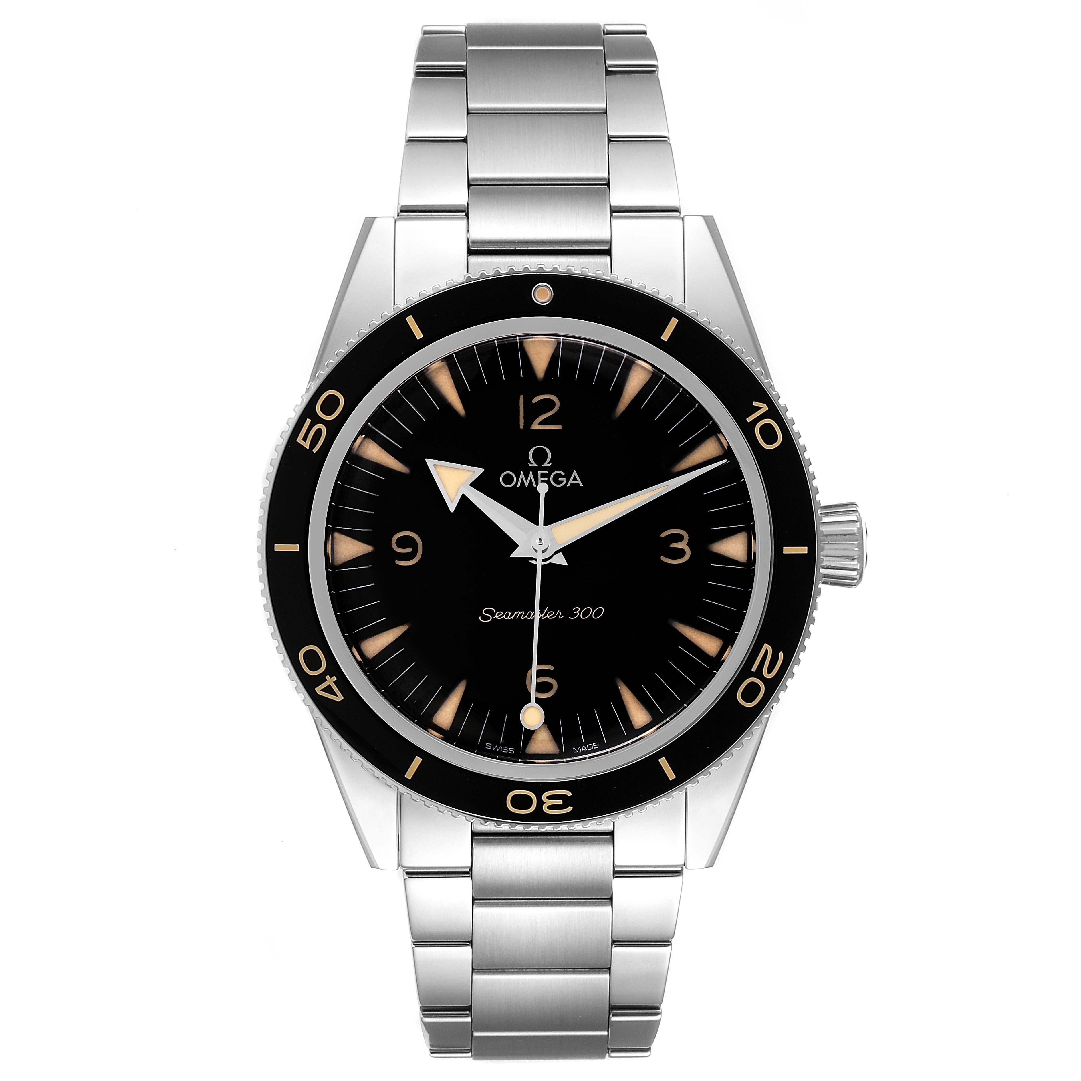 The image shows the front view of an Omega Seamaster 234.30.41.21.01.001 Men's Stainless Steel Black Dial 234.30.41.21.01.001 Men's Stainless Steel Black Dial 300 watch, highlighting the face, bezel, and bracelet.