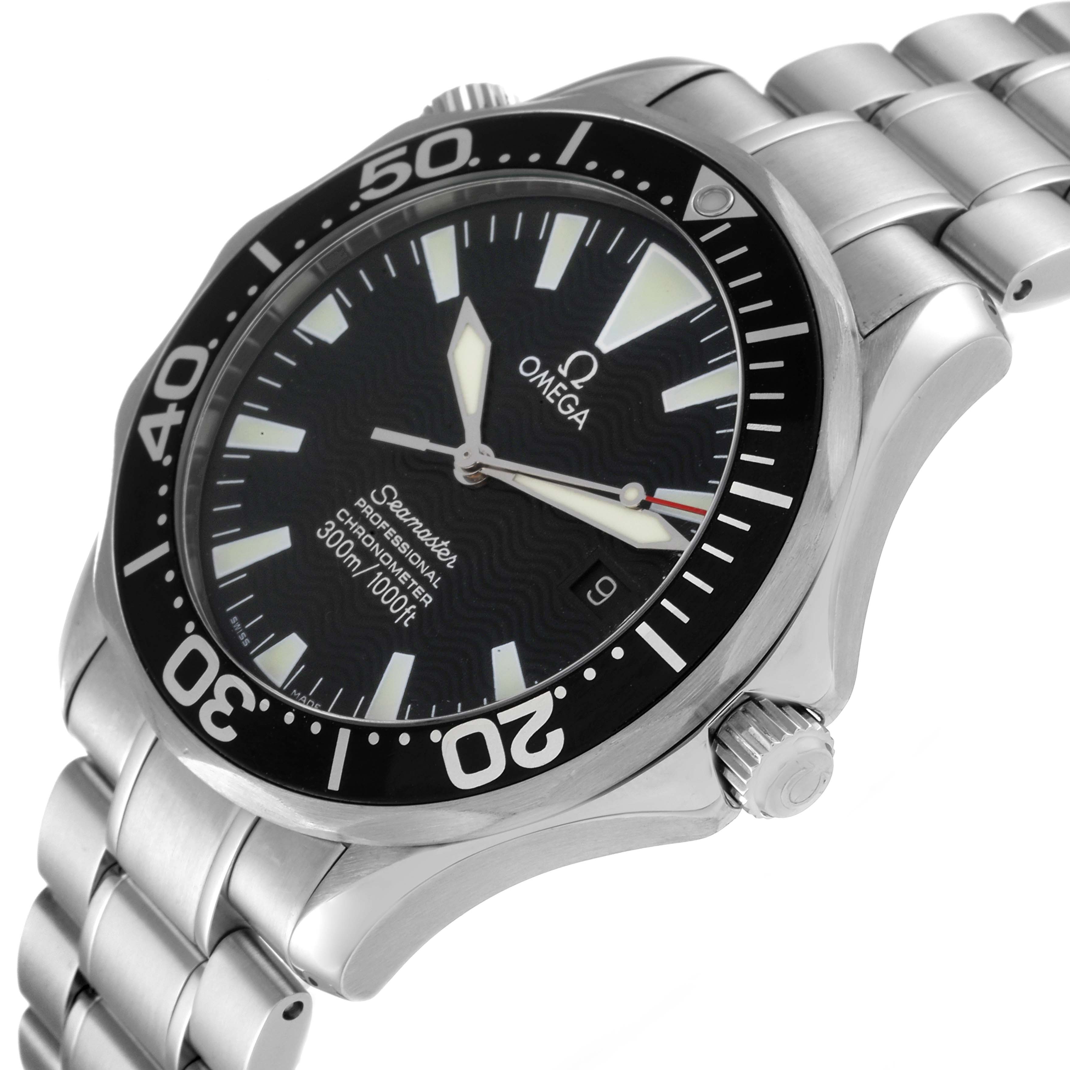 This image showcases the Omega Seamaster 2254.50.00 Men's Stainless Steel Black Dial 2254.50.00 Men's Stainless Steel Black Dial watch from a side angle, highlighting its dial, bezel, crown, and metal bracelet.