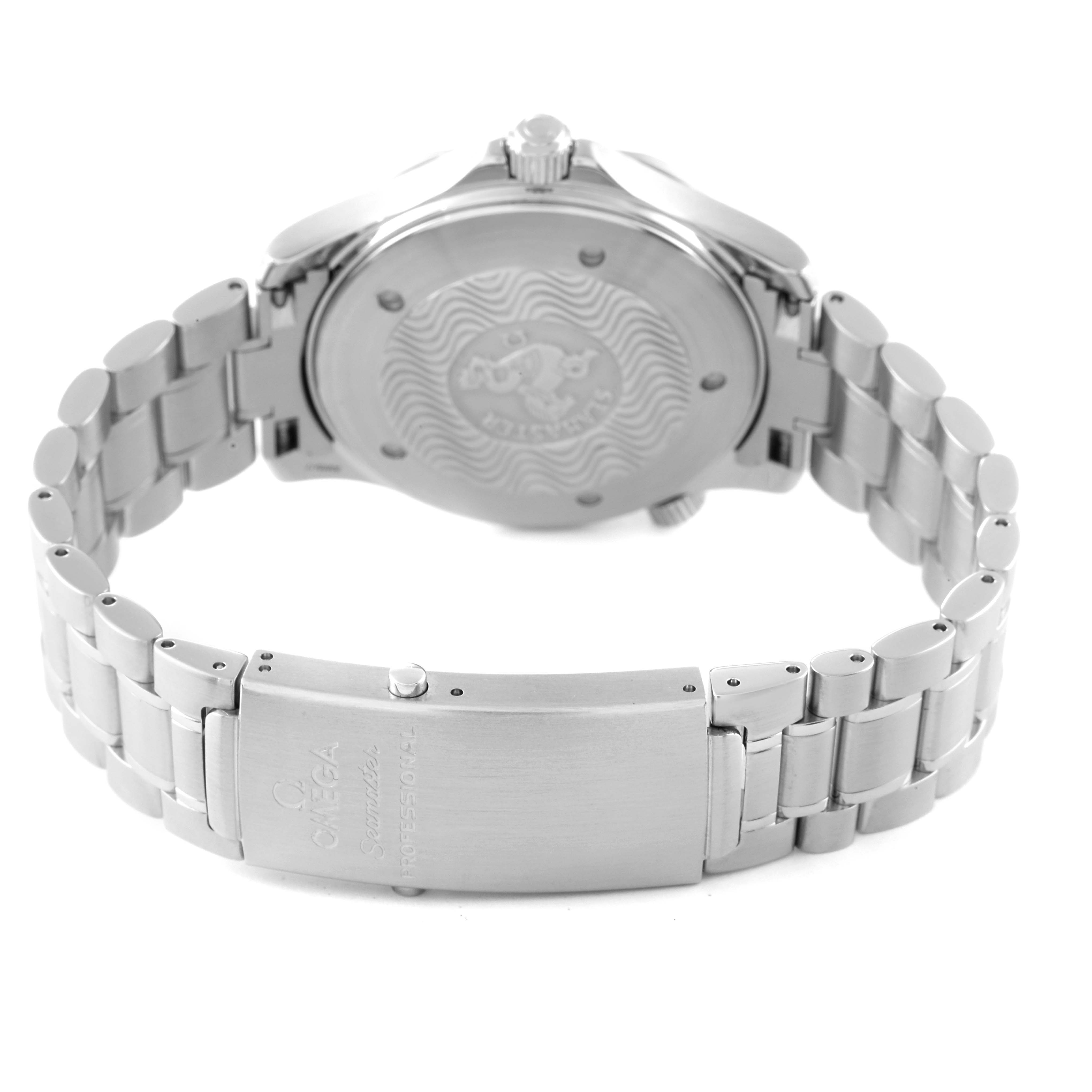 The image shows the back view of an Omega Seamaster 2254.50.00 Men's Stainless Steel Black Dial 2254.50.00 Men's Stainless Steel Black Dial watch, highlighting the case back, crown, and metal bracelet with its clasp.