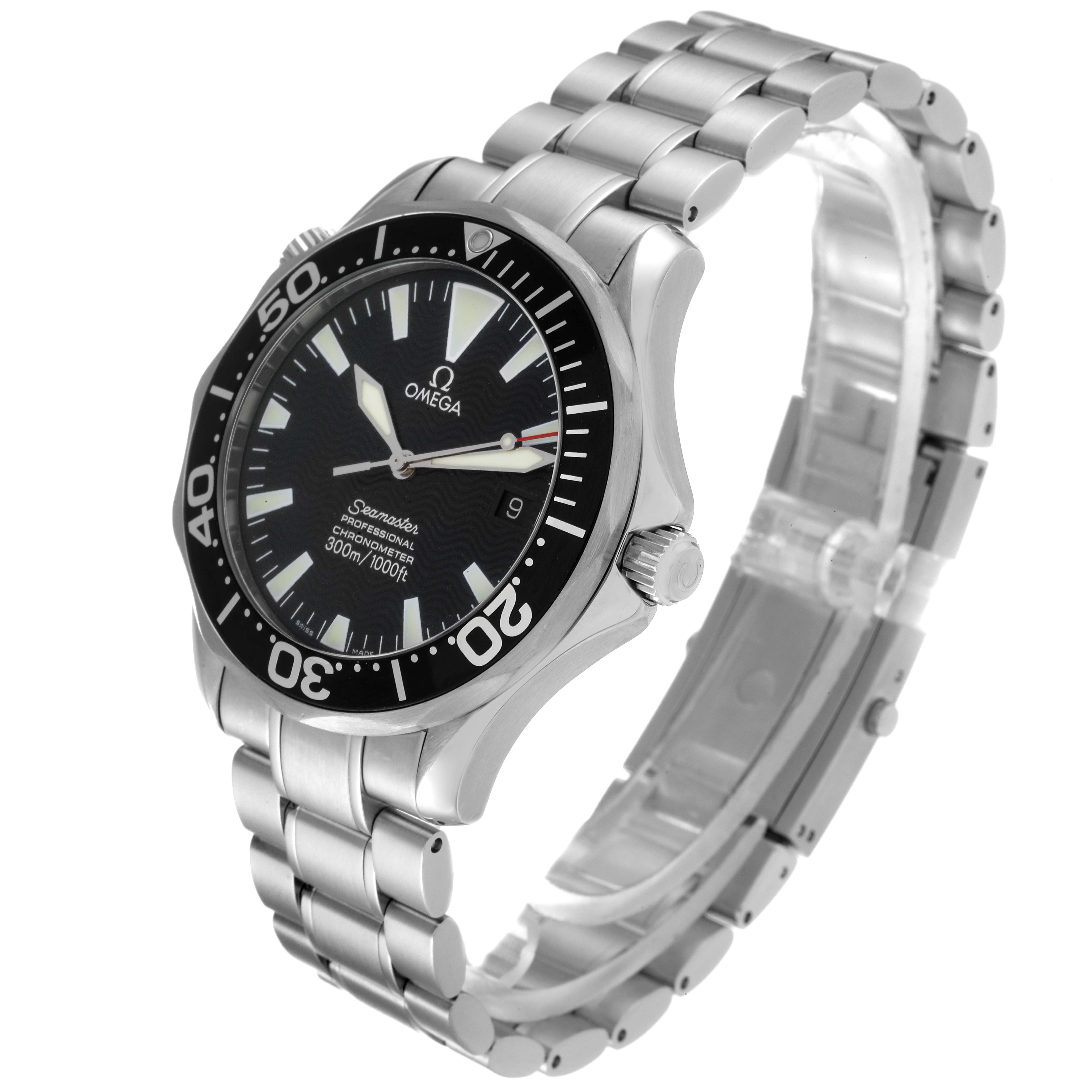 The image shows an Omega Seamaster 2254.50.00 Men's Stainless Steel Black Dial 2254.50.00 Men's Stainless Steel Black Dial watch from an oblique angle, displaying the face, bezel, crown, and metal bracelet.