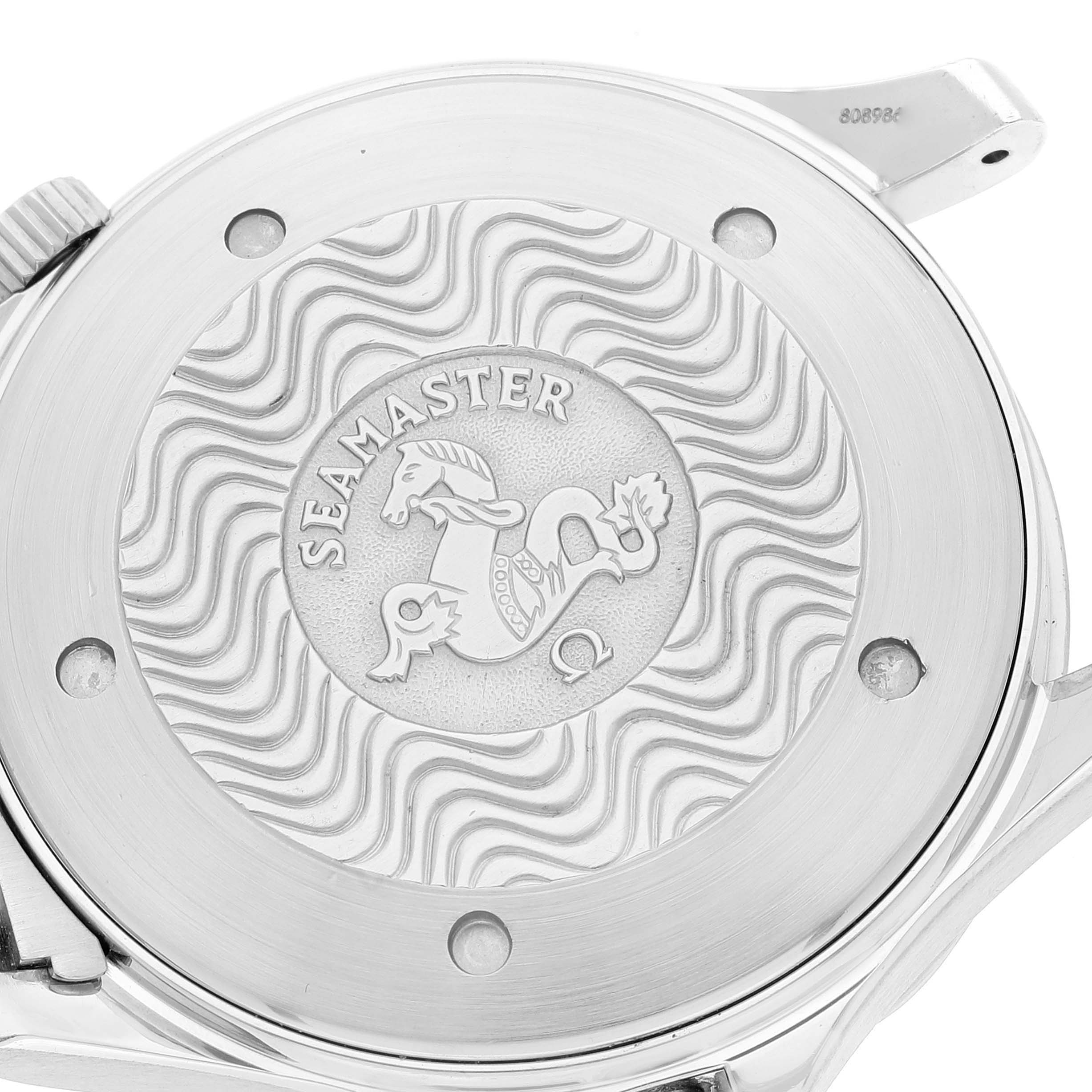 The image shows the case back of an Omega Seamaster 2254.50.00 Men's Stainless Steel Black Dial 2254.50.00 Men's Stainless Steel Black Dial watch with its distinct engraving and logo.