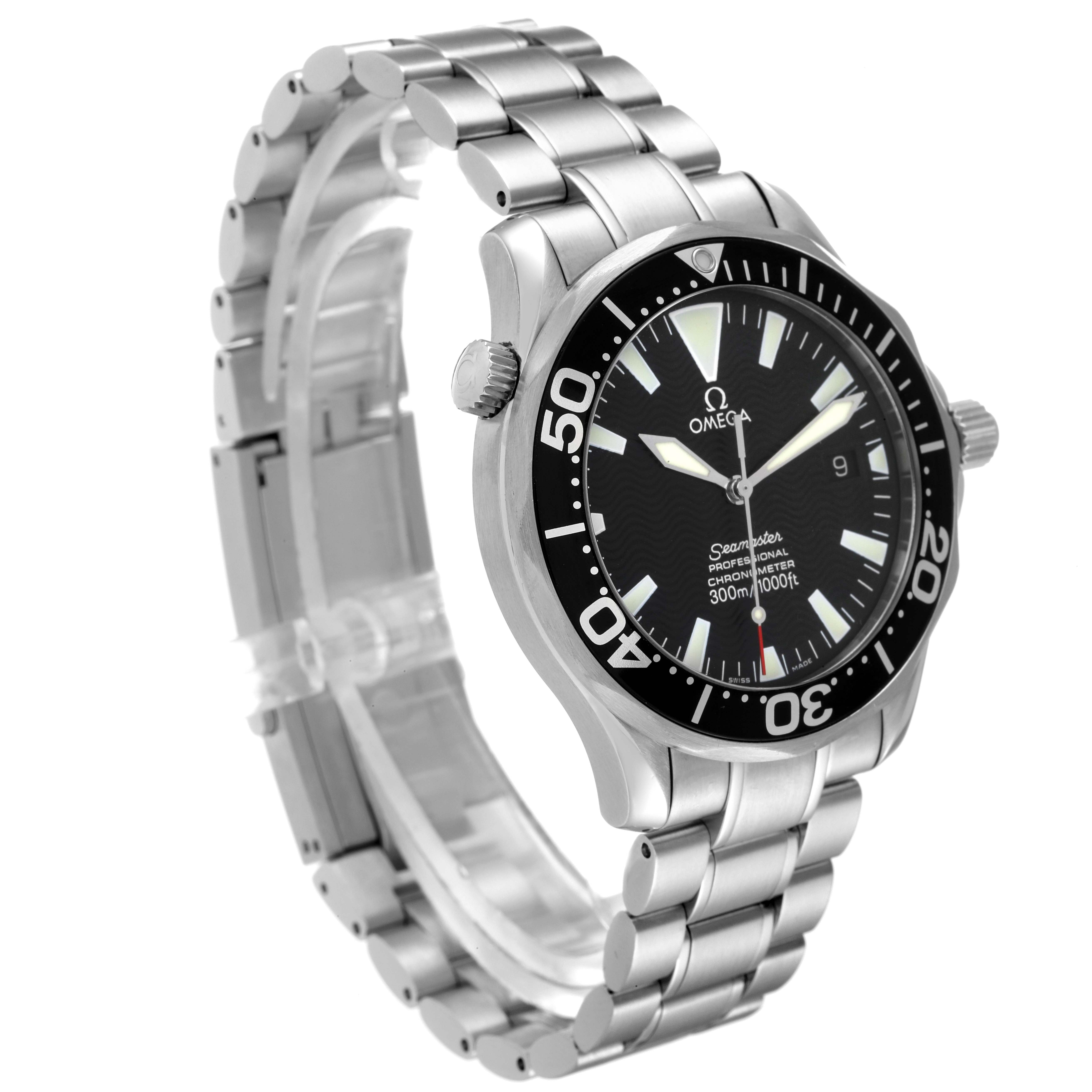 The image shows an Omega Seamaster 2254.50.00 Men's Stainless Steel Black Dial 2254.50.00 Men's Stainless Steel Black Dial watch at a three-quarter angle, highlighting the dial, bezel, crown, and stainless steel bracelet.