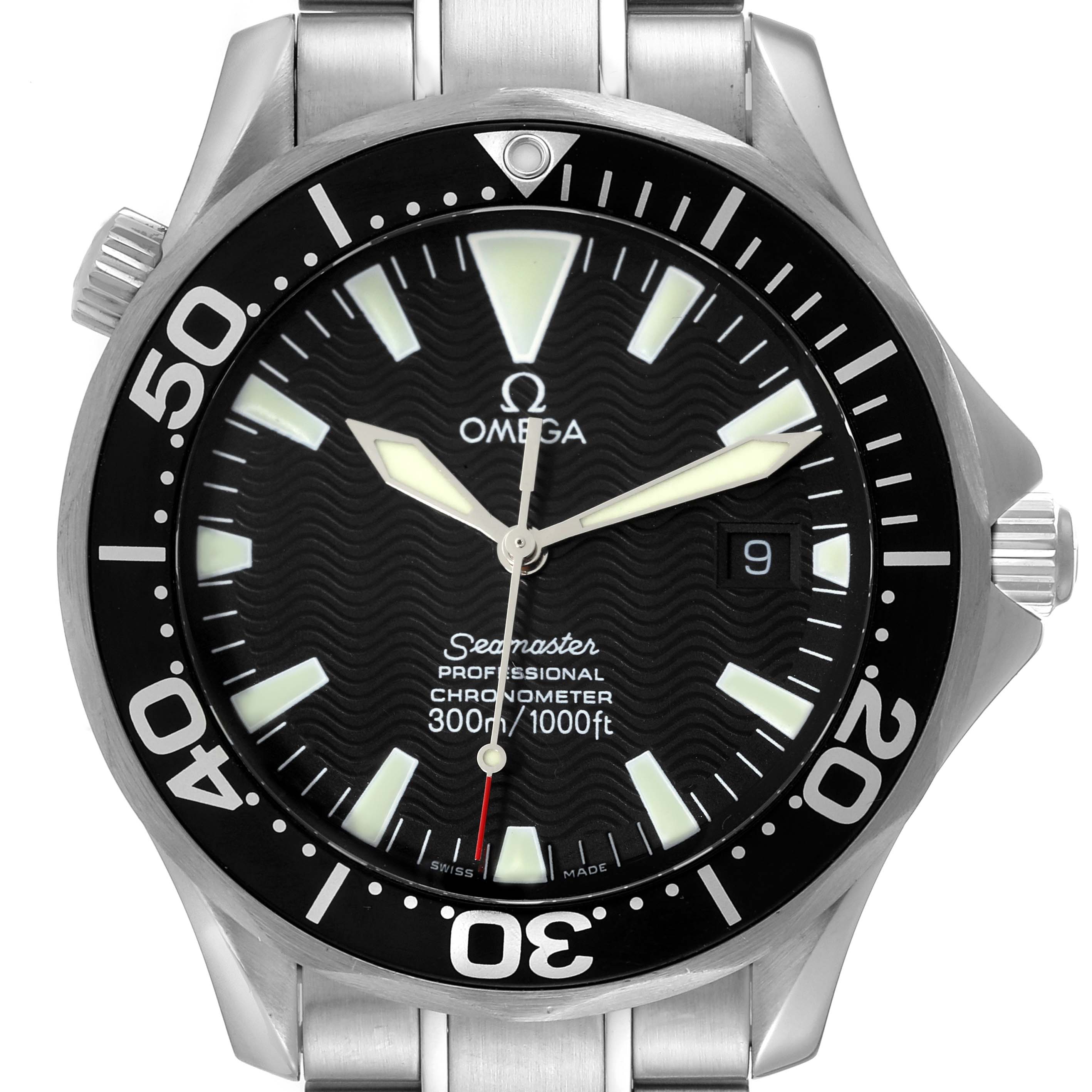 This is a front view of the Omega Seamaster 2254.50.00 Men's Stainless Steel Black Dial 2254.50.00 Men's Stainless Steel Black Dial watch, showing its face, bezel, and part of the metal bracelet.