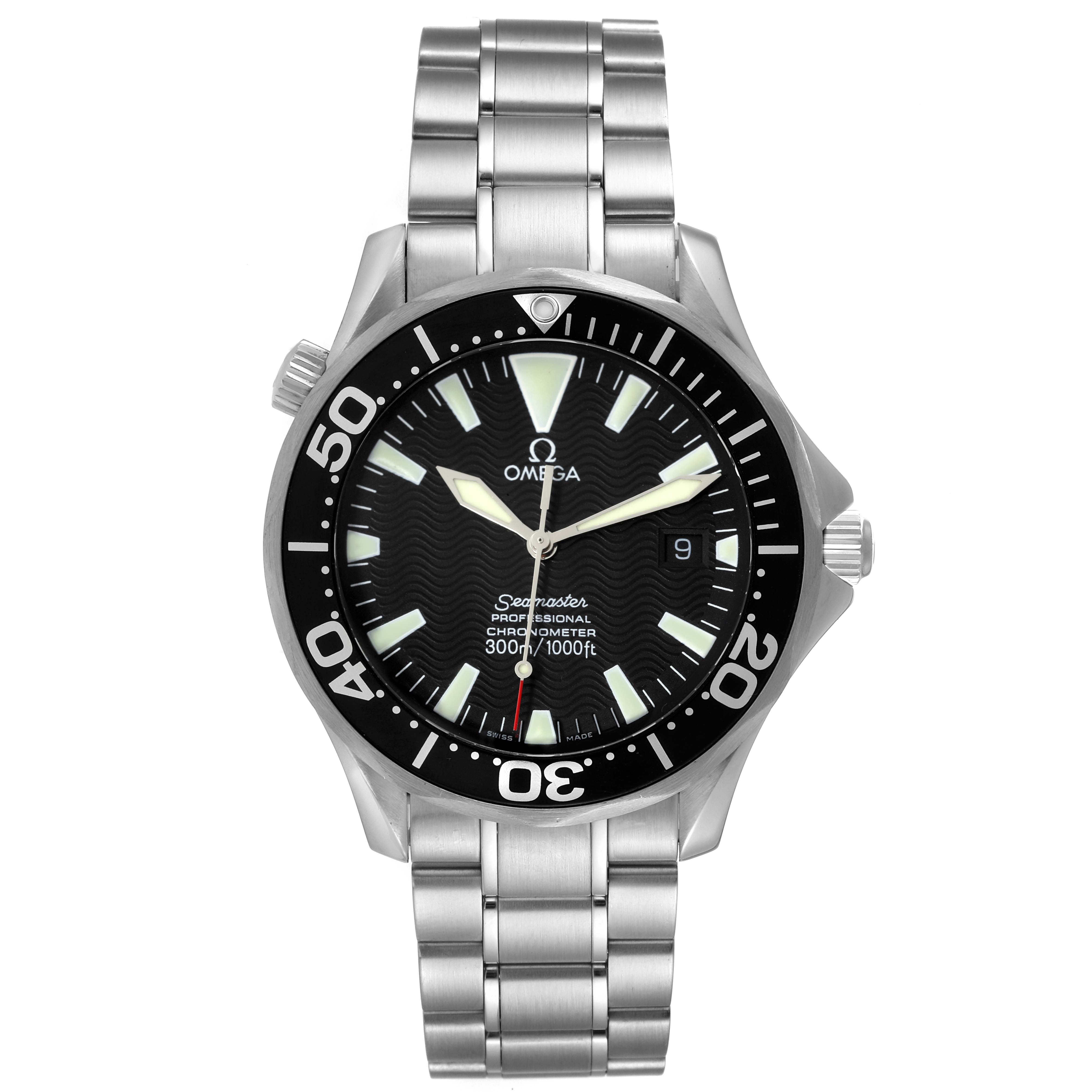 The image shows a front view of an Omega Seamaster 2254.50.00 Men's Stainless Steel Black Dial 2254.50.00 Men's Stainless Steel Black Dial watch, displaying its face, bezel, bracelet, and crown.
