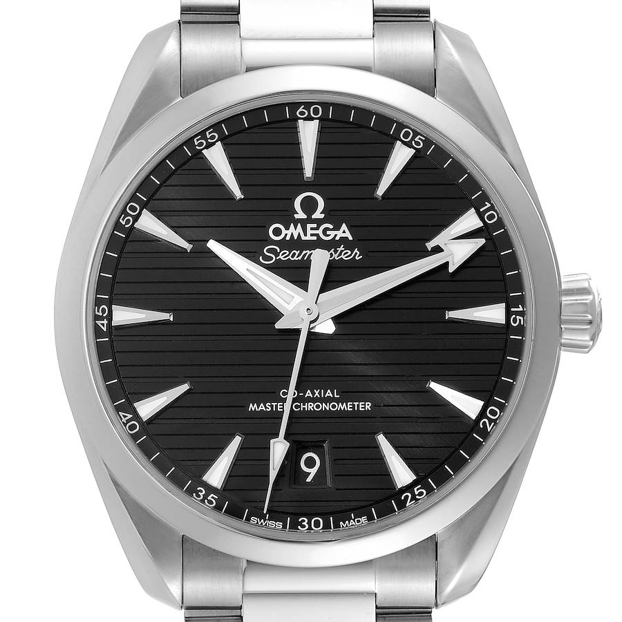 The Omega Aqua Terra watch is shown from a front angle, displaying the face, bezel, indices, hands, and crown.