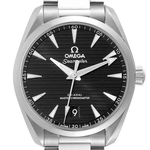 The Omega Aqua Terra watch is shown from the front, displaying the face, bezel, crown, and part of the bracelet.