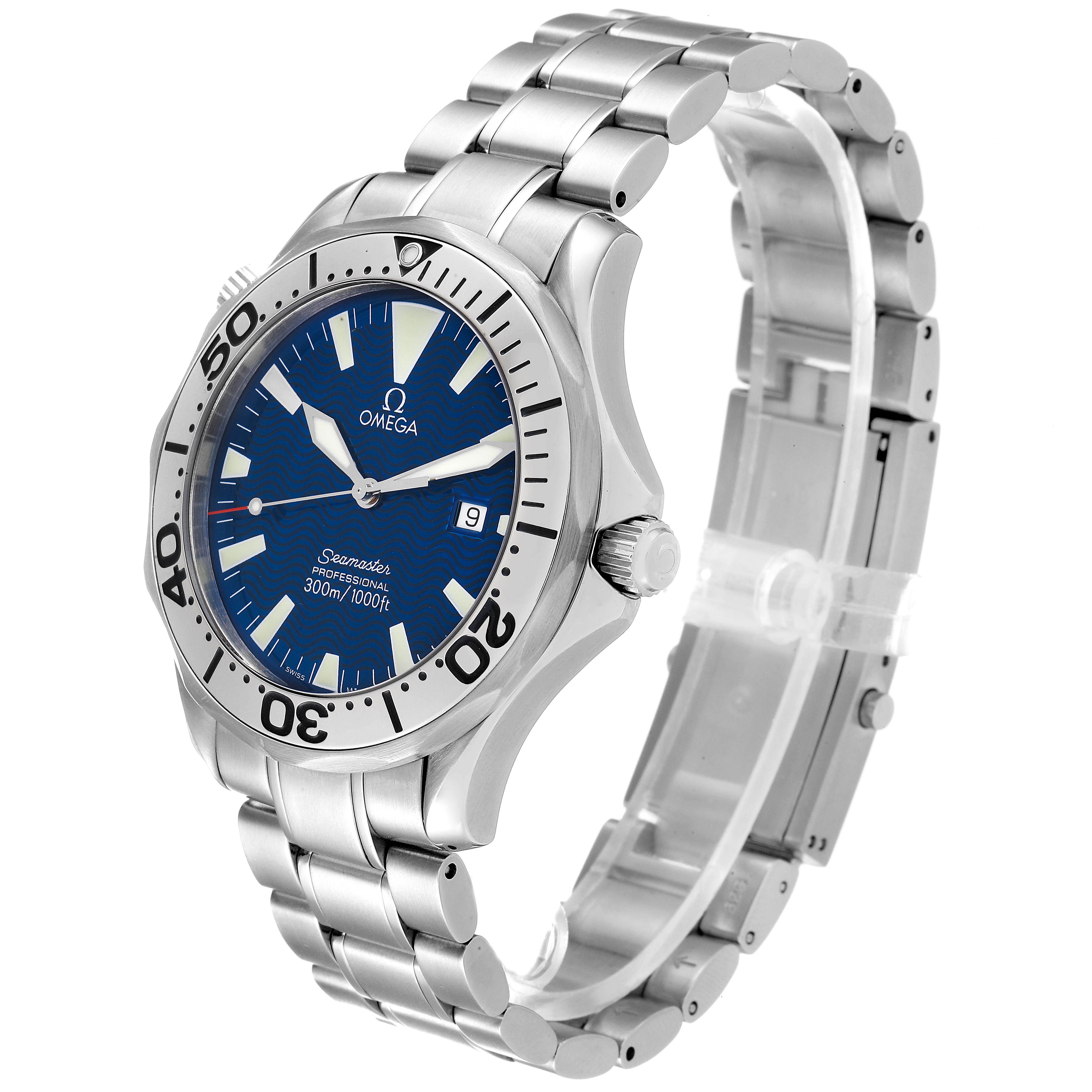 The image shows an Omega Seamaster 2265.80.00 Men's Stainless Steel Blue Dial 2265.80.00 Men's Stainless Steel Blue Dial watch viewed at an angle displaying the face, bezel, crown, and a portion of the metal bracelet.
