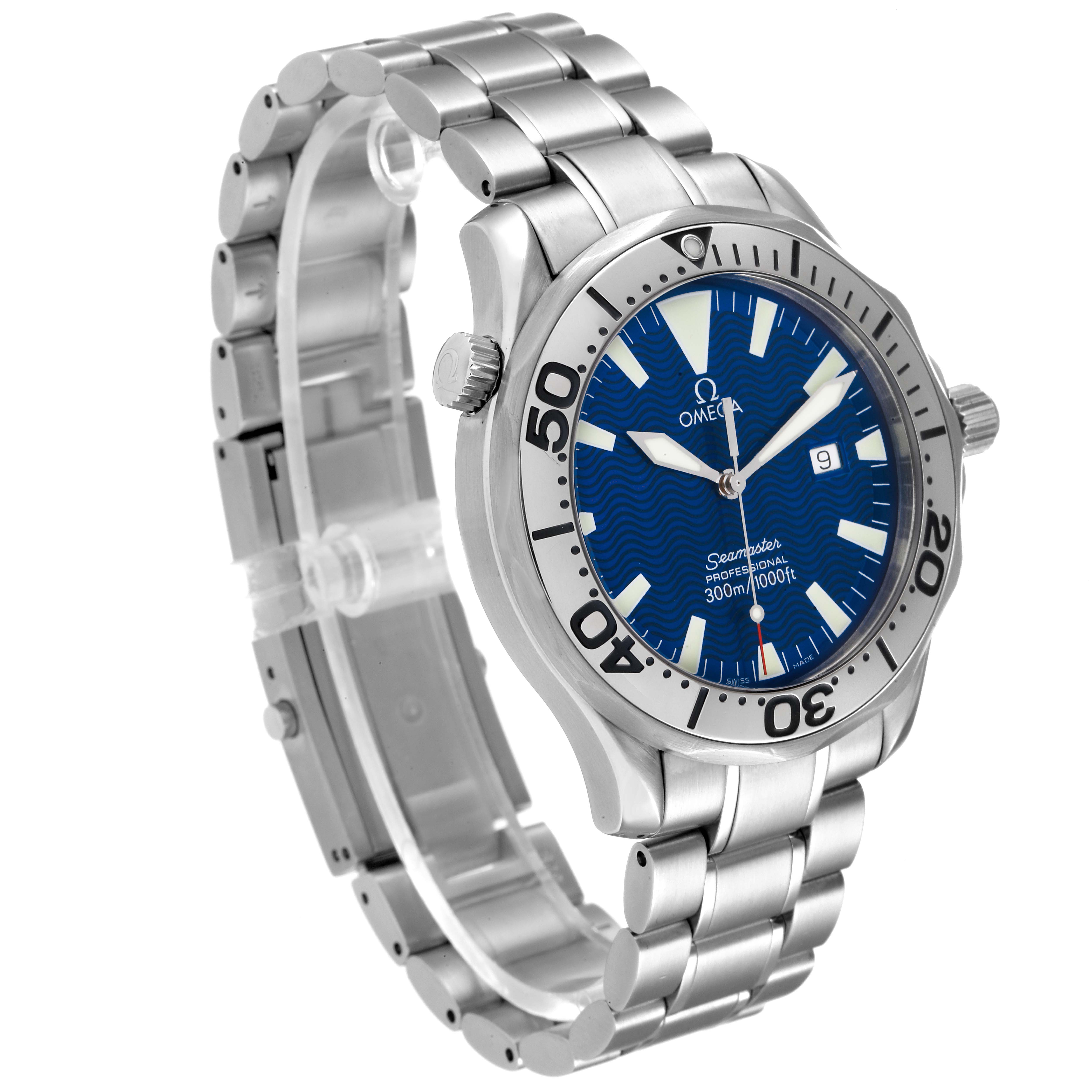 The image shows an angled side view of the Omega Seamaster 2265.80.00 Men's Stainless Steel Blue Dial 2265.80.00 Men's Stainless Steel Blue Dial watch, displaying its face, bezel, crown, and bracelet.
